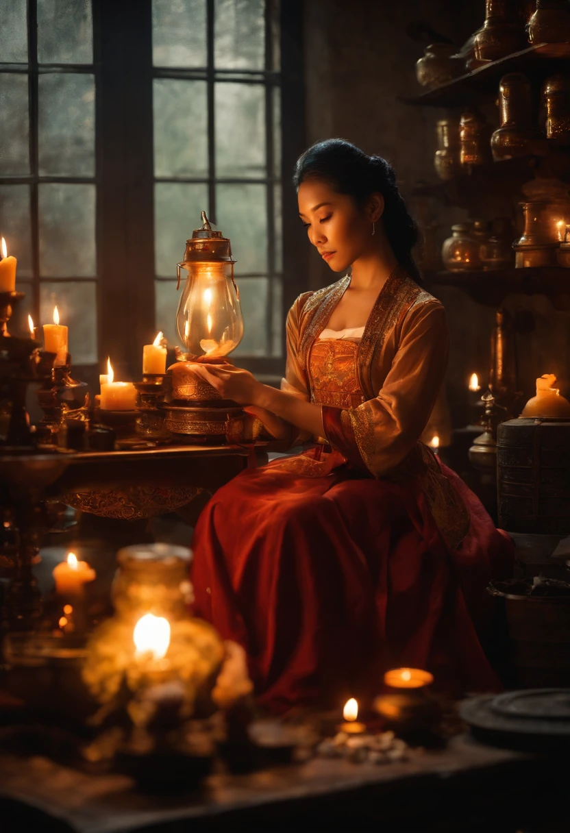 Da ist eine ((junge vietnamesische Frau)), Frau, lighting candles in a room, She's in the Potions Workshop, Standbild aus einem Fantasy-Film, Zauber auf einen Trank wirken, eine Zauberin, die eine Eiskugel wirft, Portrait of Mulan, Magierin, who summons a spell, Einen Flammenzauber wirken, Die Zauberin, die einen Feuerball wirft, matte painting portrait shot, Fantasy-Alchemisten-Labor, Magisches Labor-Setting, young pretty vietnamese woman in a Alchemist Laboratory reading a Alchemist book