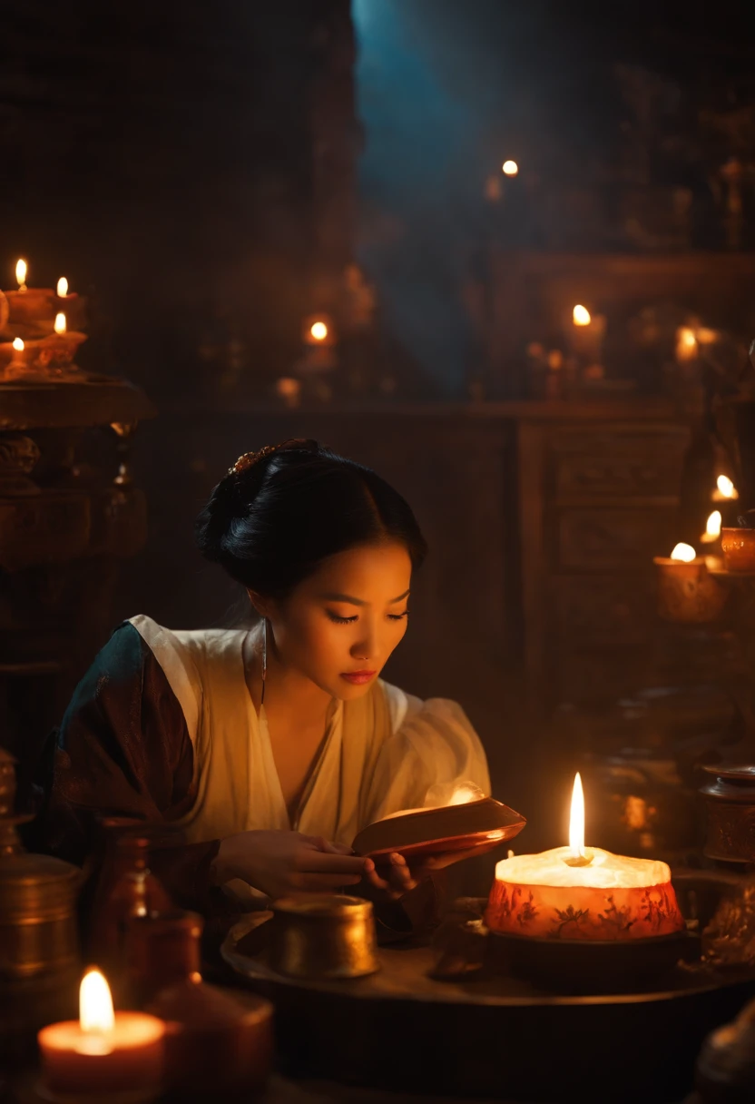 Da ist eine ((junge vietnamesische Frau)), Frau, lighting candles in a room, She's in the Potions Workshop, Standbild aus einem Fantasy-Film, Zauber auf einen Trank wirken, eine Zauberin, die eine Eiskugel wirft, Portrait of Mulan, Magierin, who summons a spell, Einen Flammenzauber wirken, Die Zauberin, die einen Feuerball wirft, matte painting portrait shot, Fantasy-Alchemisten-Labor, Magisches Labor-Setting, young pretty vietnamese woman in a Alchemist Laboratory reading a Alchemist book