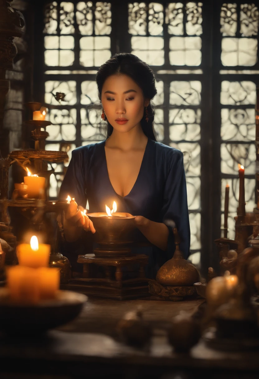 Da ist eine ((junge vietnamesische Frau)), Frau, lighting candles in a room, She's in the Potions Workshop, Standbild aus einem Fantasy-Film, Zauber auf einen Trank wirken, eine Zauberin, die eine Eiskugel wirft, Portrait of Mulan, Magierin, who summons a spell, Einen Flammenzauber wirken, Die Zauberin, die einen Feuerball wirft, matte painting portrait shot, Fantasy-Alchemisten-Labor, Magisches Labor-Setting, young pretty vietnamese woman in a Alchemist Laboratory reading a Alchemist book