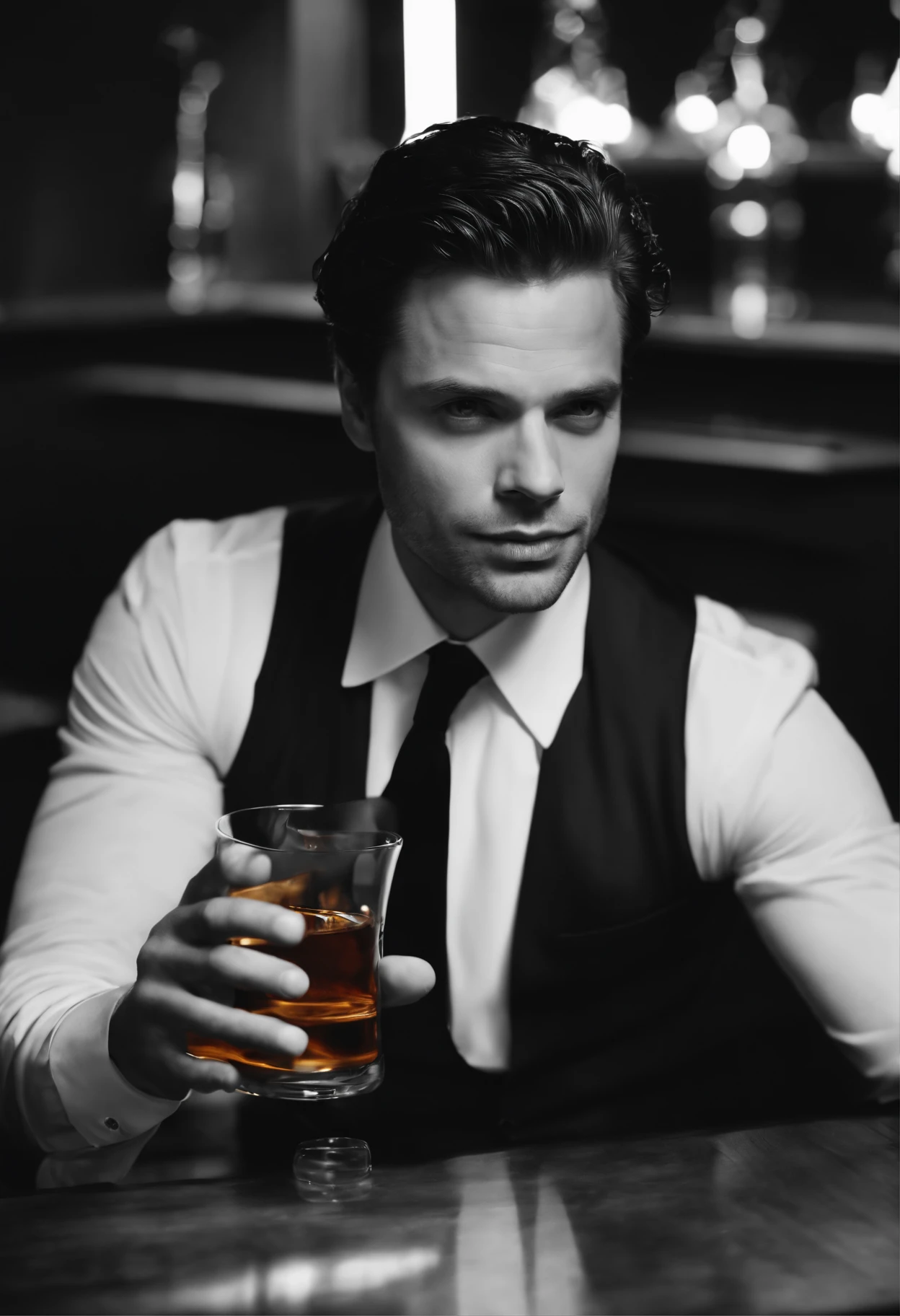 Sebastian stan wearing a black suit, his hair slicked back, holding a glass of whiskey