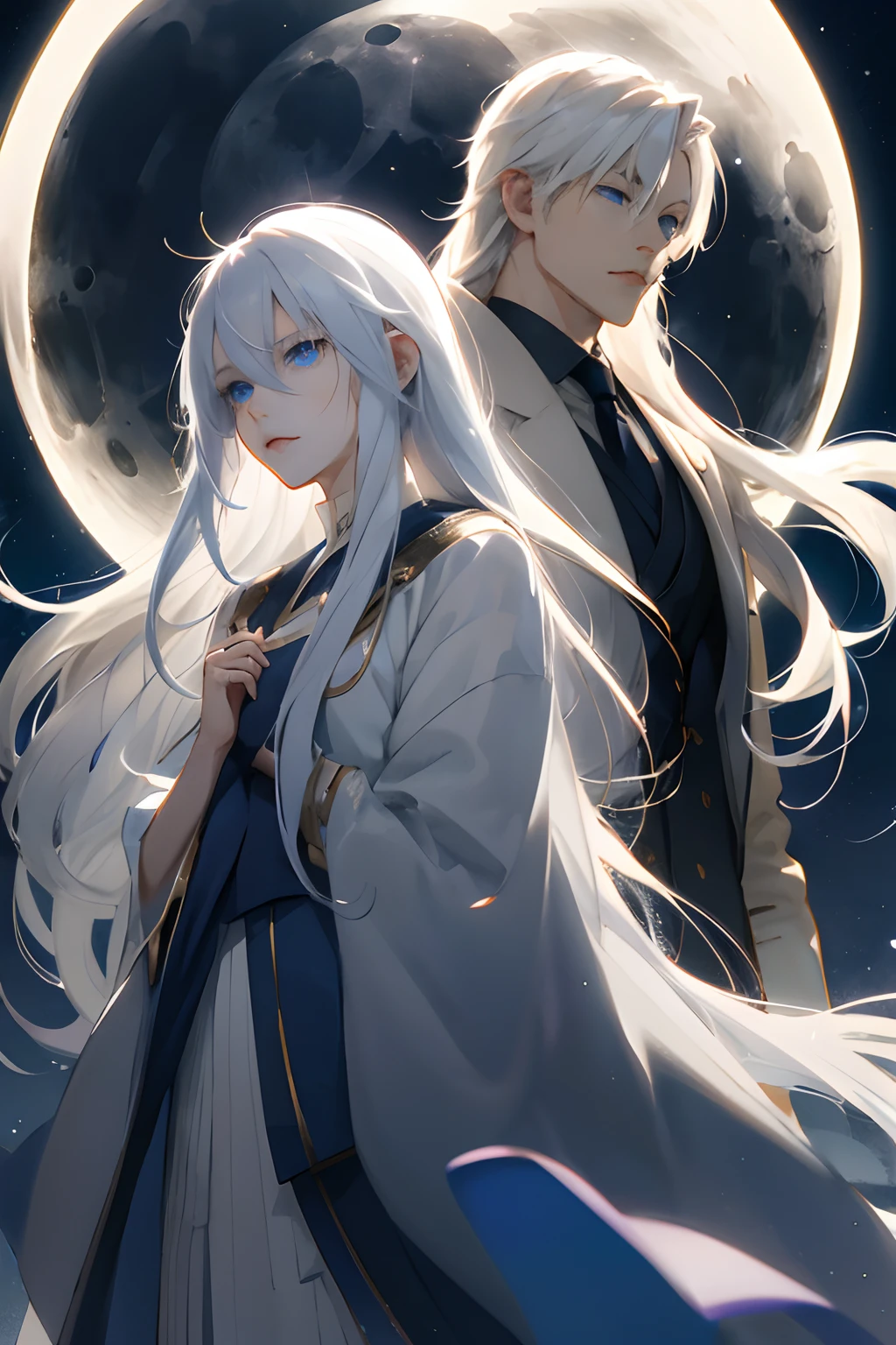 Anime girl with long white hair standing next to a identical twin brother, moonlight shinning, beautiful background, girl with round chest, male with short hair, both with blue eyes and pale skin,