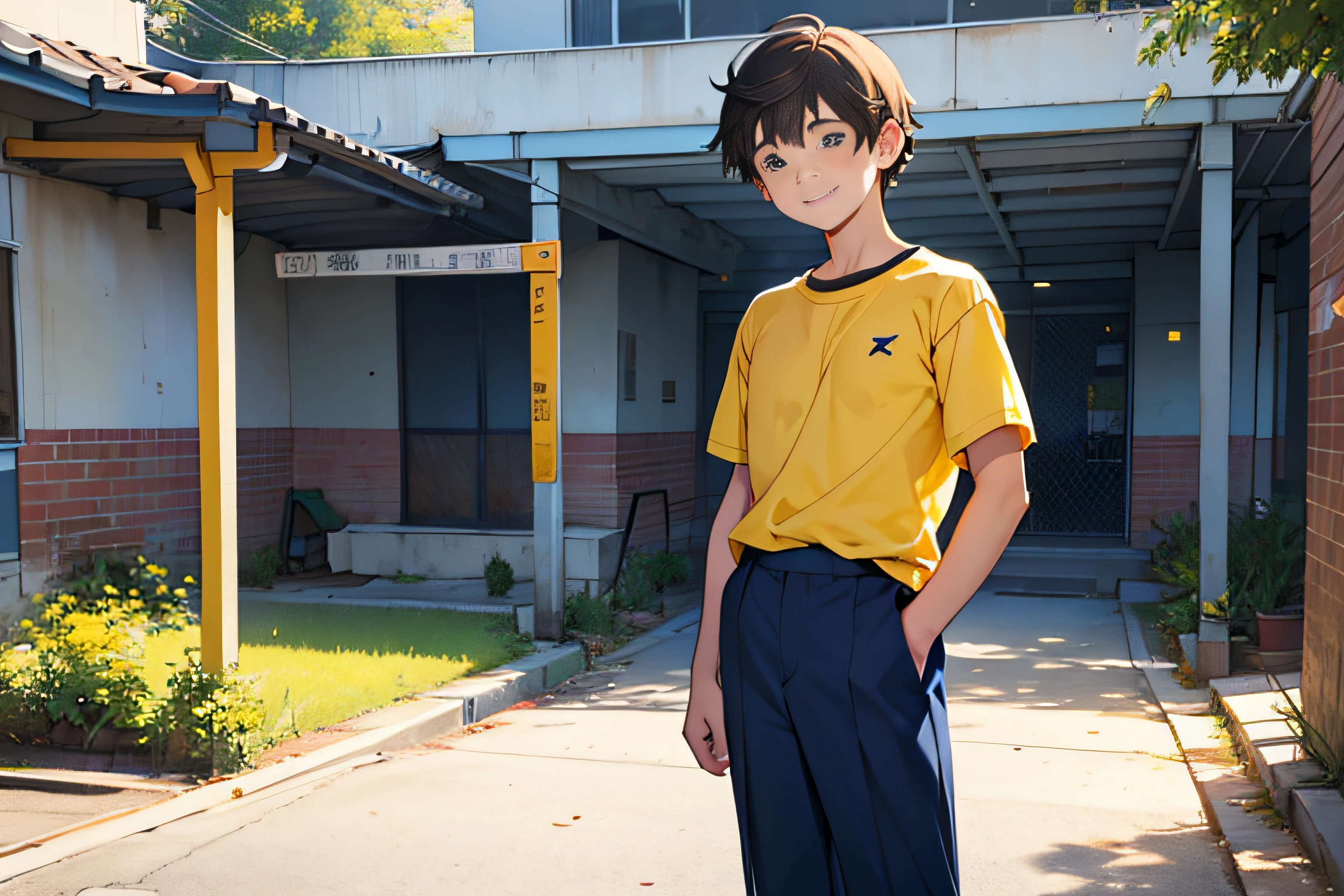 An happy, gentle and tender boy caucasian student about 8 in school uniform, Yellow T-shirt and blue long pants in the school yard