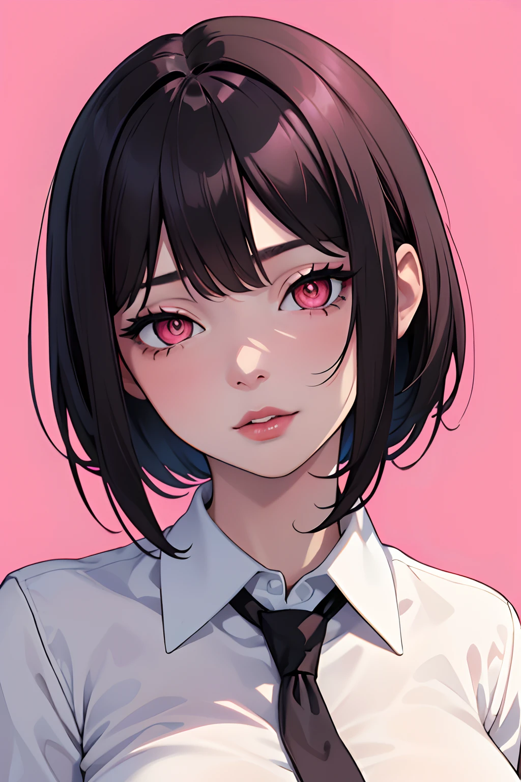 (masterpiece, best quality), 1girl, beautiful face, shirt, short black hair, pink eyes, juicy lips, seductive face, collared shirt, white shirt, necktie