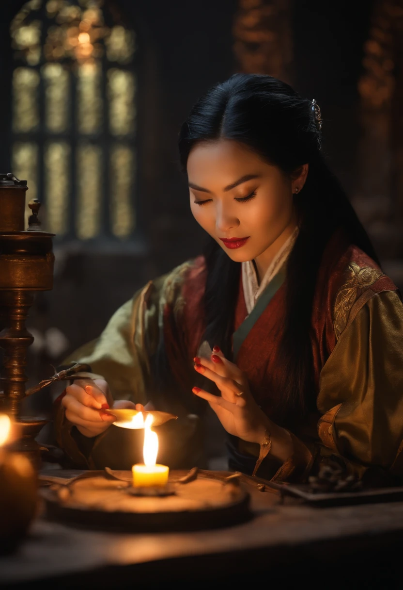 Da ist eine ((junge vietnamesische Frau)), Frau mit schwarzen hochgesteckten Haaren, Lighting candles in a room, She's in the Potions Workshop, Standbild aus einem Fantasy-Film, Zauber auf einen Trank wirken, eine Zauberin, die eine Eiskugel wirft, Portrait of Mulan, Magierin, who casts a spell?, Einen Flammenzauber wirken, Die Zauberin, die einen Feuerball wirft, matte painting portrait shot, Fantasy-Alchemisten-Labor, Magisches Labor-Setting, Young pretty Vietnamese woman in an alchemist's laboratory, die ein Alchemistenbuch liest, ((mittelalterliche Kleidung))