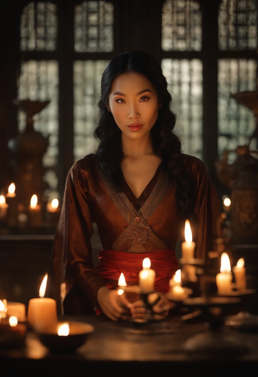 Da ist eine ((junge vietnamesische Frau)), Frau mit schwarzen hochgesteckten Haaren, Lighting candles in a room, She's in the Potions Workshop, Standbild aus einem Fantasy-Film, Zauber auf einen Trank wirken, eine Zauberin, die eine Eiskugel wirft, Portrait of Mulan, Magierin, who casts a spell?, Einen Flammenzauber wirken, Die Zauberin, die einen Feuerball wirft, matte painting portrait shot, Fantasy-Alchemisten-Labor, Magisches Labor-Setting, Young pretty Vietnamese woman in an alchemist's laboratory, die ein Alchemistenbuch liest, ((mittelalterliche Kleidung))