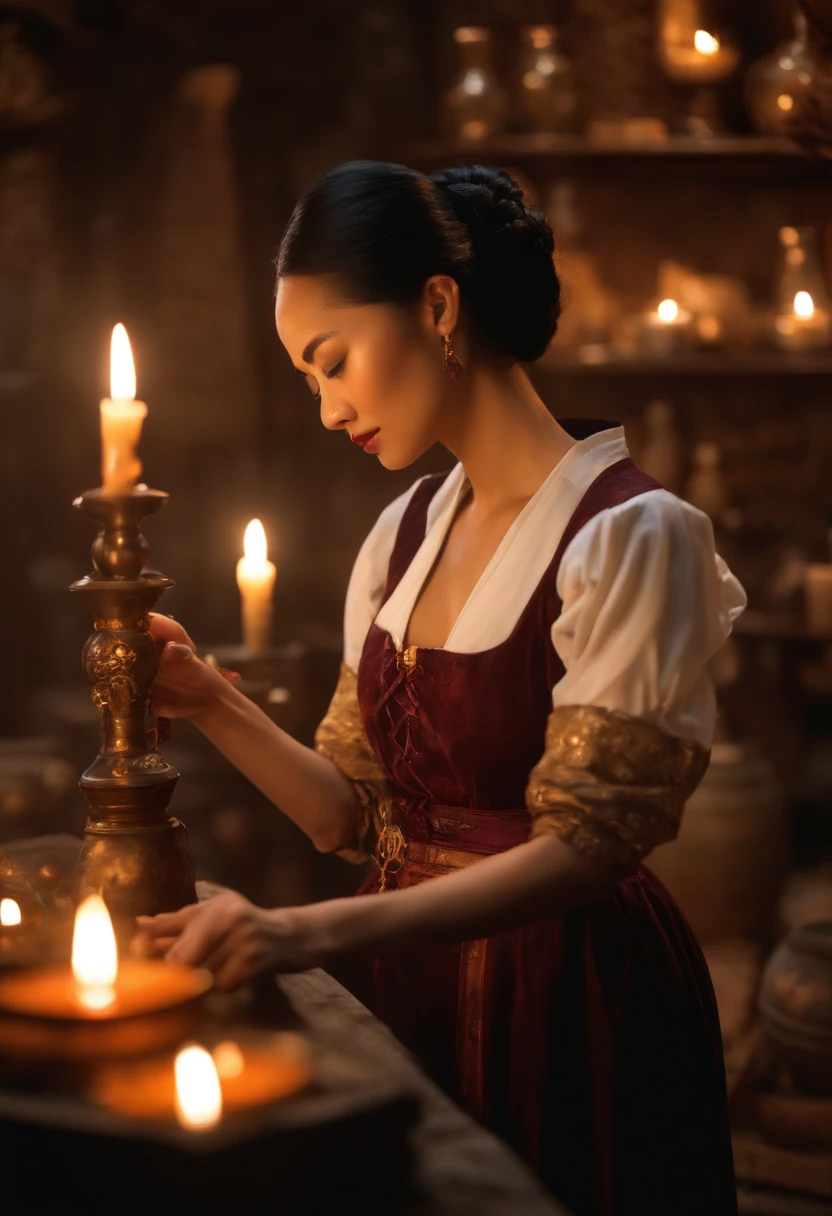 Da ist eine ((junge vietnamesische Frau)), Frau mit schwarzen hochgesteckten Haaren, Lighting candles in a room, She's in the Potions Workshop, Standbild aus einem Fantasy-Film, Zauber auf einen Trank wirken, eine Zauberin, die eine Eiskugel wirft, Portrait of Mulan, Magierin, who casts a spell?, Einen Flammenzauber wirken, Die Zauberin, die einen Feuerball wirft, matte painting portrait shot, Fantasy-Alchemisten-Labor, Magisches Labor-Setting, Young pretty Vietnamese woman in an alchemist's laboratory, die ein Alchemistenbuch liest, ((mittelalterliche Kleidung))