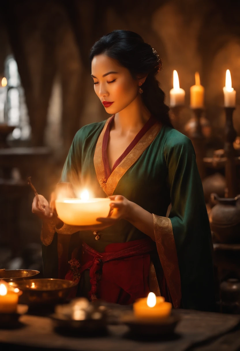 Da ist eine ((junge vietnamesische Frau)), Frau mit schwarzen hochgesteckten Haaren, Lighting candles in a room, She's in the Potions Workshop, Standbild aus einem Fantasy-Film, Zauber auf einen Trank wirken, eine Zauberin, die eine Eiskugel wirft, Portrait of Mulan, Magierin, who casts a spell?, Einen Flammenzauber wirken, Die Zauberin, die einen Feuerball wirft, matte painting portrait shot, Fantasy-Alchemisten-Labor, Magisches Labor-Setting, Young pretty Vietnamese woman in an alchemist's laboratory, die ein Alchemistenbuch liest, ((mittelalterliche Kleidung))