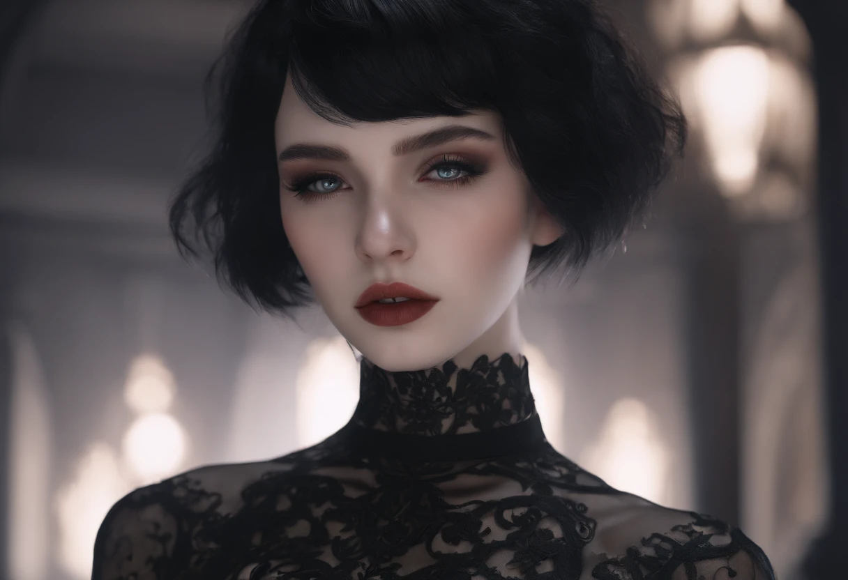 (extremely detailed CG:1.2), (masterpiece:1.2), (best quality:1.2),,((absurdres)),looking at viewer, solo,1girl,goth ,emo ,pale skin,short hair,black hair,20 year old,freckles,black lipstick,heavy makeup,fit body,sweaty,full body,nude