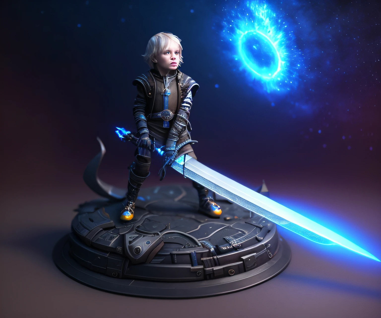 a close up of a futuristic kid holding a futuristic sword, who want to explore everything, stylized sci fantasy miniature, time travel, hyperdetailed fantasy character, 3d character surrounded in futuristic environment