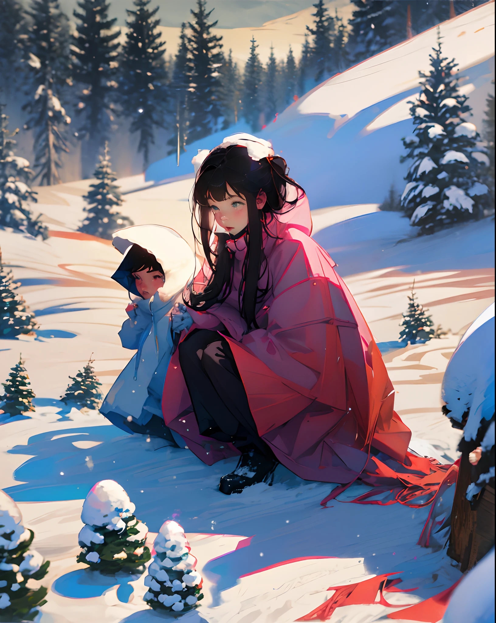 girl in snow being saved by boy