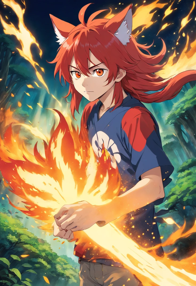 CREATE MANGA STYLE IMAGE BLEACH YOUKAI AGE MAN, WITH LONG VIBRANT RED HAIR, FOX EARS AND FULL BODY