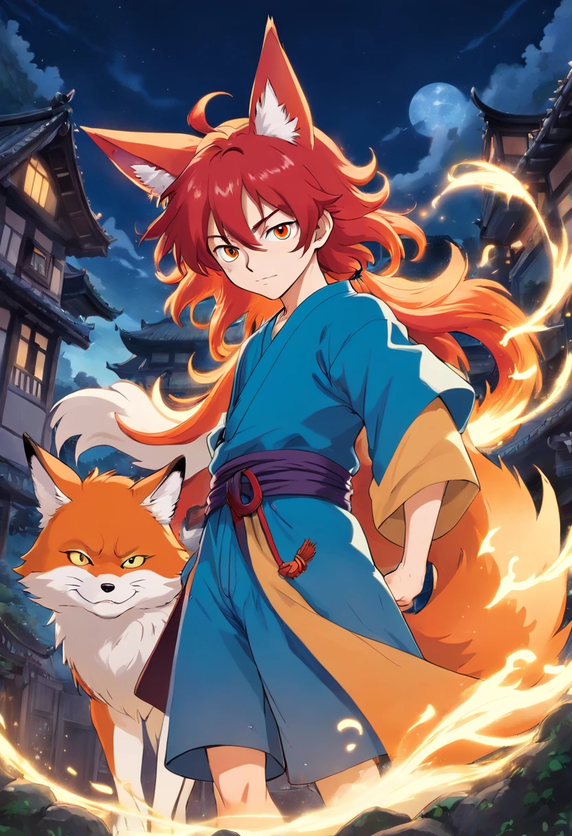 CREATE MANGA STYLE IMAGE BLEACH YOUKAI TEENAGE MAN, WITH LONG VIBRANT RED HAIR, FOX EARS AND FULL BODY