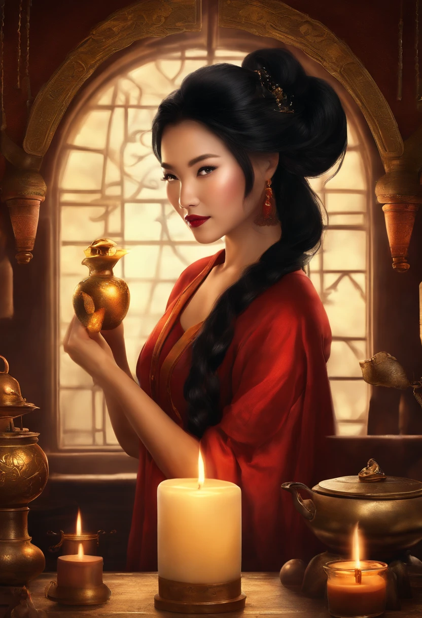 Da ist eine ((junge vietnamesische Frau)), Frau mit schwarzen hochgesteckten Haaren, Lighting candles in a room, She's in the Potions Workshop, Standbild aus einem Fantasy-Film, Zauber auf einen Trank wirken, eine Zauberin, die eine Eiskugel wirft, Portrait of Mulan, Magierin, who casts a spell?, Einen Flammenzauber wirken, Die Zauberin, die einen Feuerball wirft, matte painting portrait shot, Fantasy-Alchemisten-Labor, Magisches Labor-Setting, Young pretty Vietnamese woman in an alchemist's laboratory, die ((ein altes Buch liest)), ((mittelalterliche Kleidung))