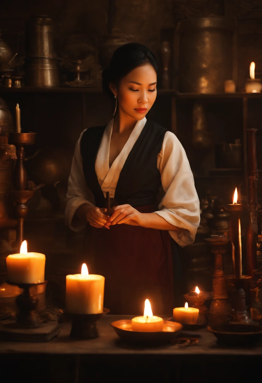 Da ist eine ((junge vietnamesische Frau)), die an einem Tisch mit Kerzen sitzt, She's in the Potions Workshop, asiatische Magierin mit schwarzen hochgesteckten Haaren, who summons a spell, Mittelalterlicher Alchemist im Dunkeln, Fantasy-Alchemisten-Labor, Eine arkane Zaubererin, die einen Zauber wirkt, Zauber auf einen Trank wirken, Er befindet sich in einem Alchemistenlabor, Alchemie-Labor, Zauberspruch-Assistent, Magisches Labor-Setting, young pretty vietnamese woman in a Alchemist Laboratory, mittelalterliche Kleidung