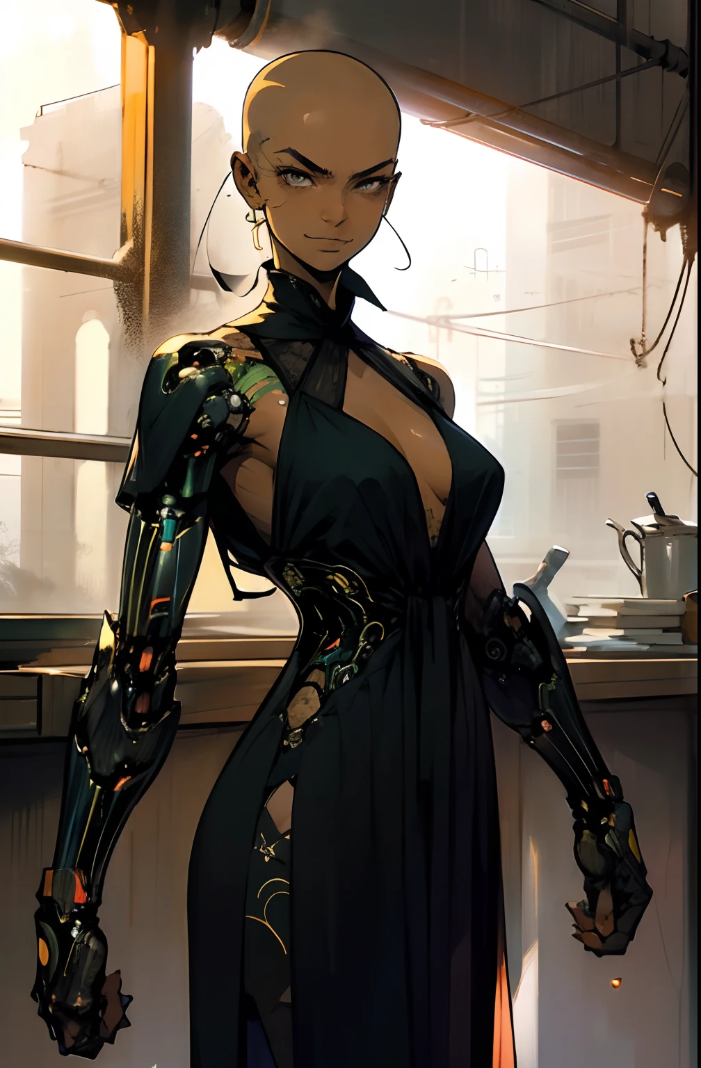 (best quality:1.1),original,1girl,dark skin,shaved head,(black) full mechanical arms,badass,serious expression,elegant dress,smirk,colorful dress,