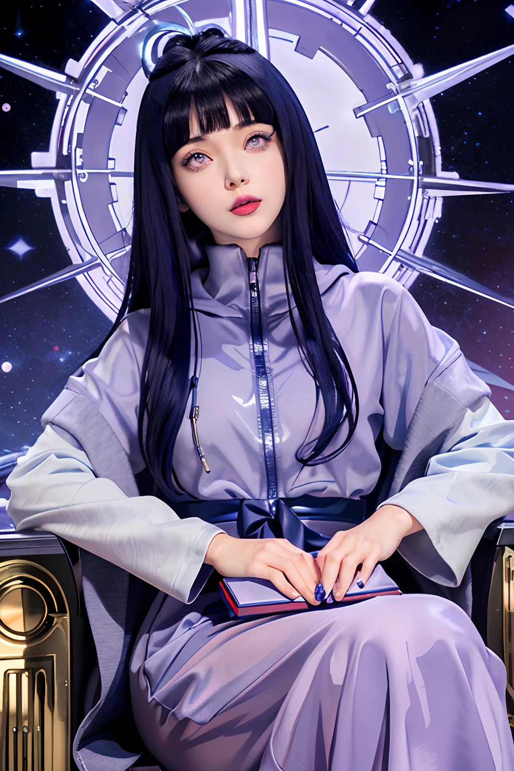 a close up of a person with long hair and a hoodie, hinata hyuga, hinata hyuga from naruto, from naruto, as an anime character, perfect anime face, she has dark blue hair with bangs, female anime character, anime character, anime best girl, hime cut hairstyle, dark blue hair, (red glossy lips:1.3), light purple eyes