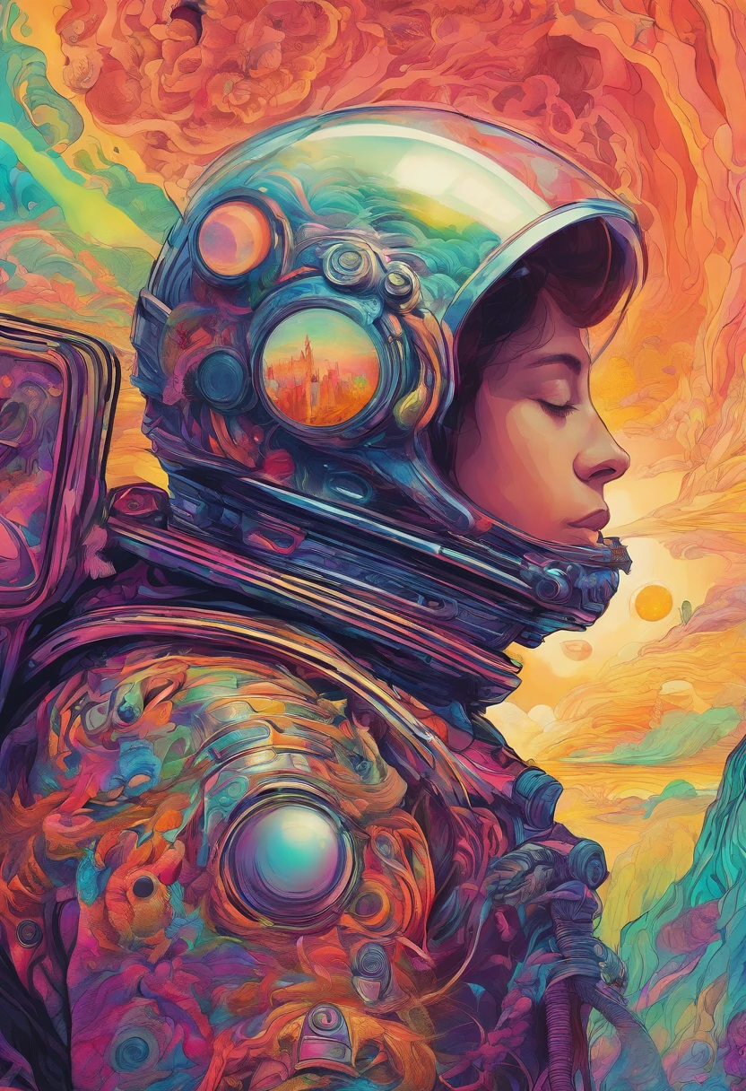 HD details, Close-up of a man in a spacesuit, planets in the background, psychedelic cosmic horror, psychedelic illustrations, cosmic space, plants growing, The world of psychosis, Background space graphic art, Cosmic illustration, cosmic space, cosmic lsd poster art, dmt space behind, Space scene, Surreal space, Cosmic style