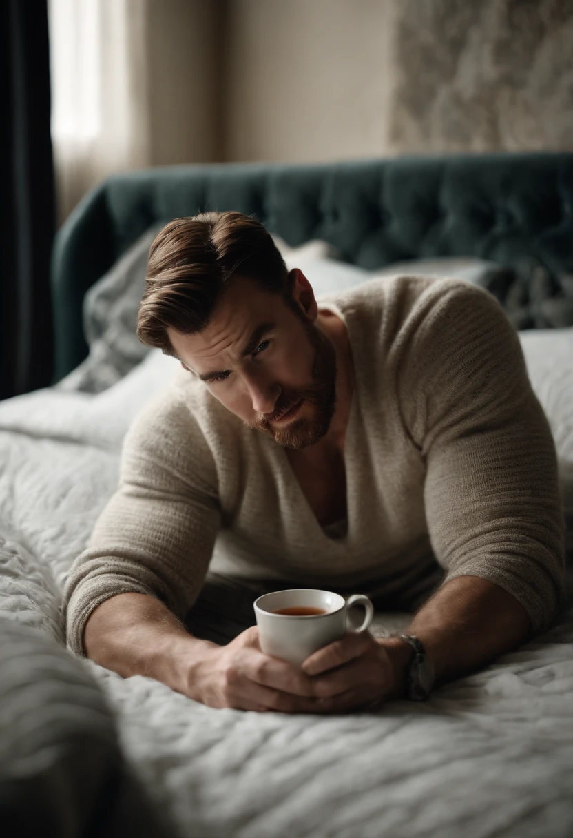 Chris Evans wearing a white cable knit sweater cuddled up with a hot tea in bed