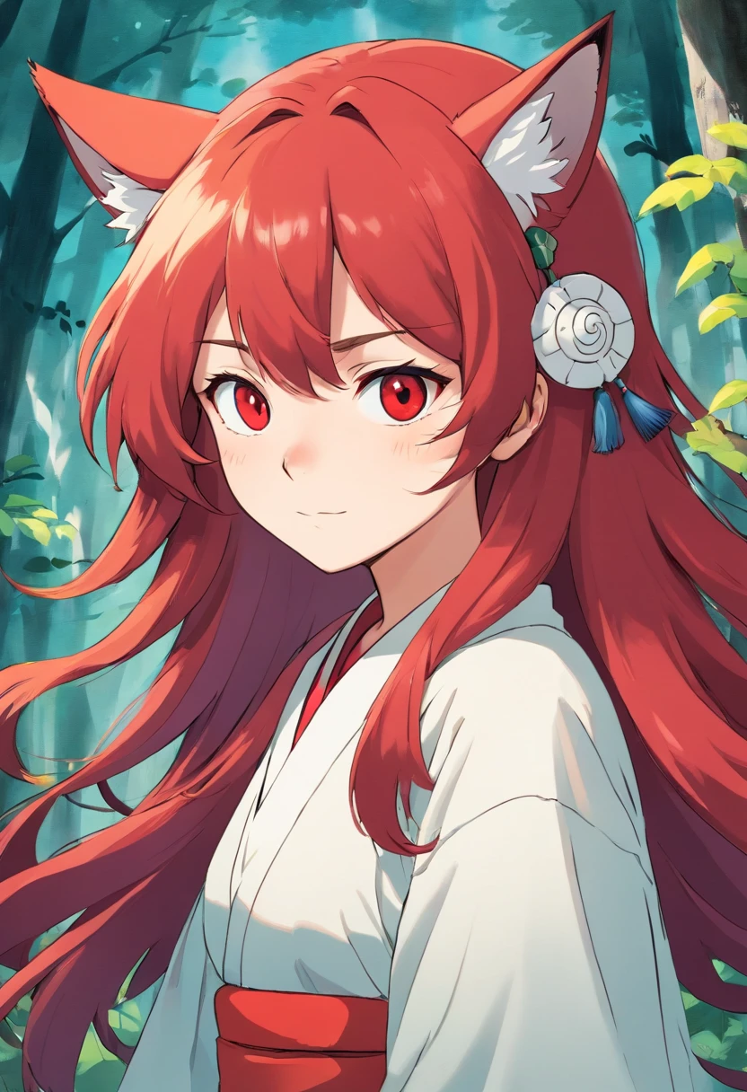 CREATE YOUKAI MAN MANGA STYLE IMAGE, WITH LONG VIBRANT RED HAIR, WITH FOX EARS AND NOSE,
