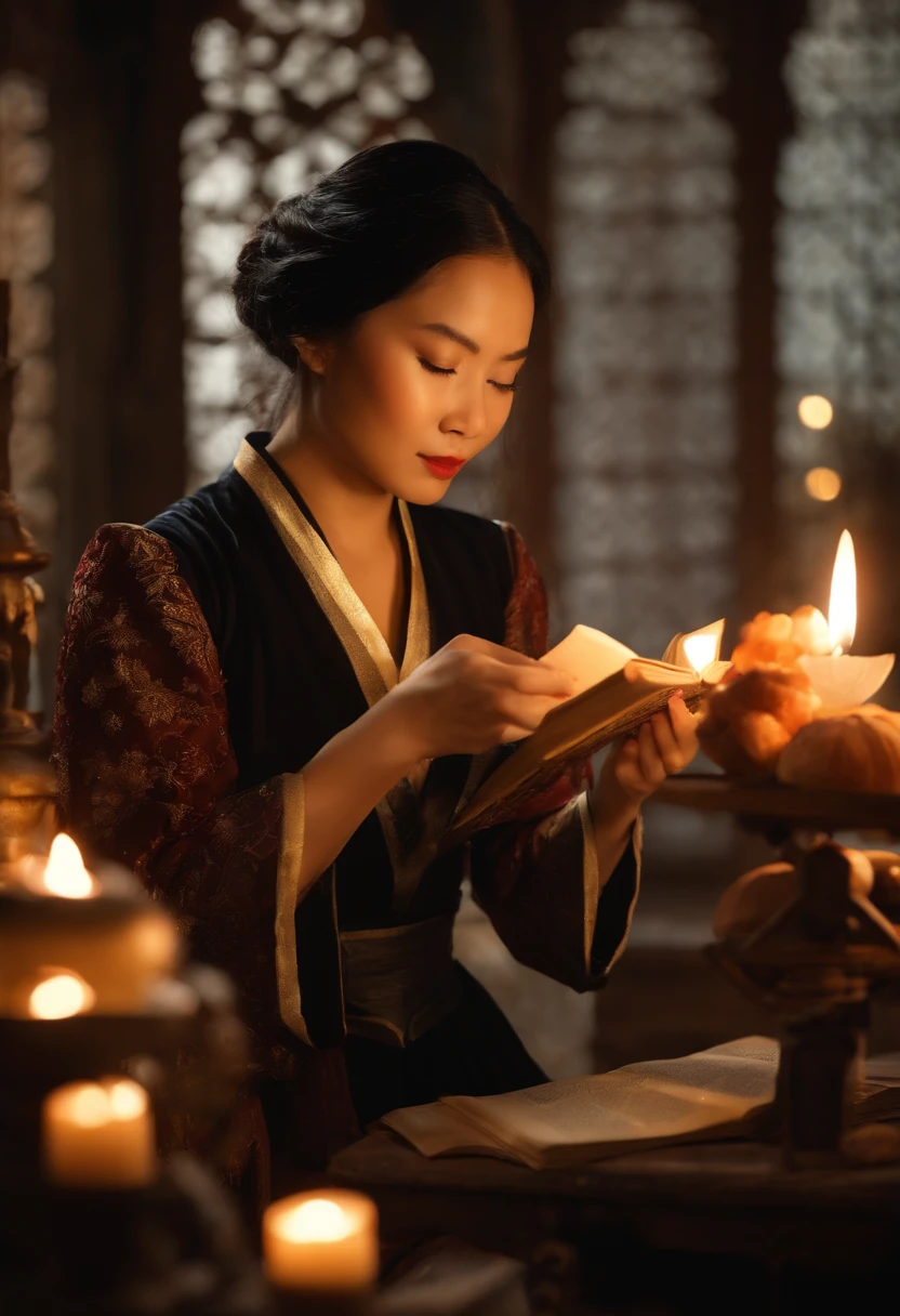 Da ist eine ((junge vietnamesische Frau)), Frau mit schwarzen hochgesteckten Haaren, reading a Book, Lighting candles in a room, She's in the Potions Workshop, Standbild aus einem Fantasy-Film, Zauber auf einen Trank wirken, eine Zauberin, , Portrait of Mulan, Magierin, who casts a spell?, Einen Flammenzauber wirken, Die Zauberin, die einen Feuerball wirft, matte painting portrait shot, Fantasy-Alchemisten-Labor, Magisches Labor-Setting, Young pretty Vietnamese woman in an alchemist's laboratory, die ((ein altes Buch liest)), ((mittelalterliche Kleidung))