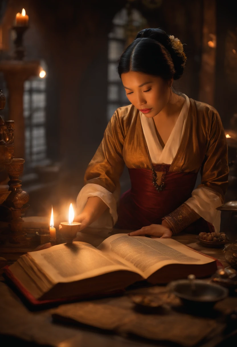 Da ist eine ((junge vietnamesische Frau)), Frau mit schwarzen hochgesteckten Haaren, reading a Book, Lighting candles in a room, She's in the Potions Workshop, Standbild aus einem Fantasy-Film, Zauber auf einen Trank wirken, eine Zauberin, , Portrait of Mulan, Magierin, who casts a spell?, Einen Flammenzauber wirken, Die Zauberin, die einen Feuerball wirft, matte painting portrait shot, Fantasy-Alchemisten-Labor, Magisches Labor-Setting, Young pretty Vietnamese woman in an alchemist's laboratory, die ((ein altes Buch liest)), ((mittelalterliche Kleidung))