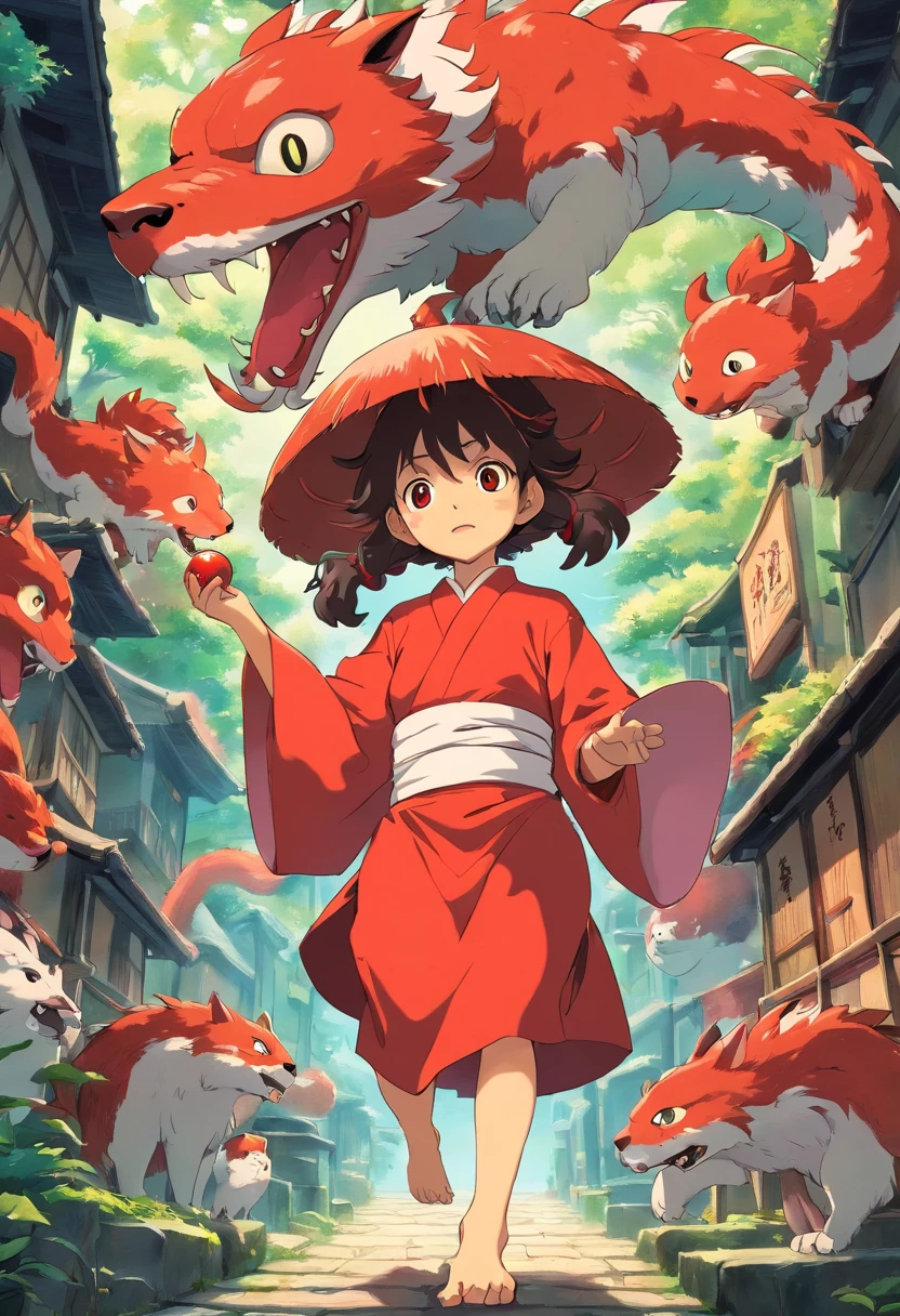 CREATE YOUKAI MAN MANGA STYLE IMAGE , COM CABELOS VERMELHOS VIBRANTE LONGO, COM ORELHAS E CAUDA DE RAPOSA