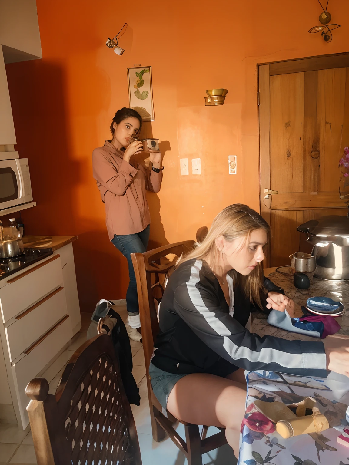 There's a woman sitting at a table with a man standing behind her, imagen de muy muy muy baja calidad, Foto muy precisa, Entre bastidores, photo session, en casa, Lawther sentarse a la mesa jugando DND, foto realista, Foto de baja calidad, por Luis Molinari, photo session, en la mesa de la cocina, lorena avarez, behind the scenes photo