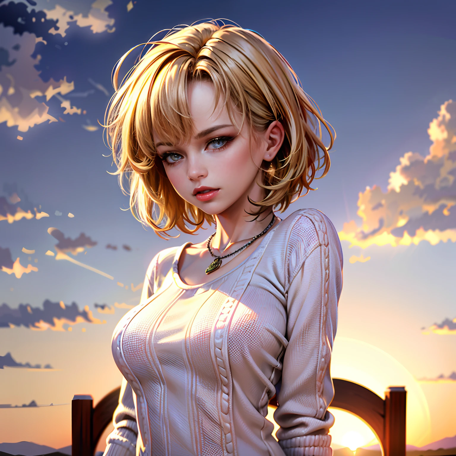 (Best quality, 8k, 32k, Masterpiece, UHD:1.2),Photo of Pretty woman, very short bob hair,upper body,face focus,oversized_sweater, necklace, simple background, from above, looking at viewer,renatadaninsky
