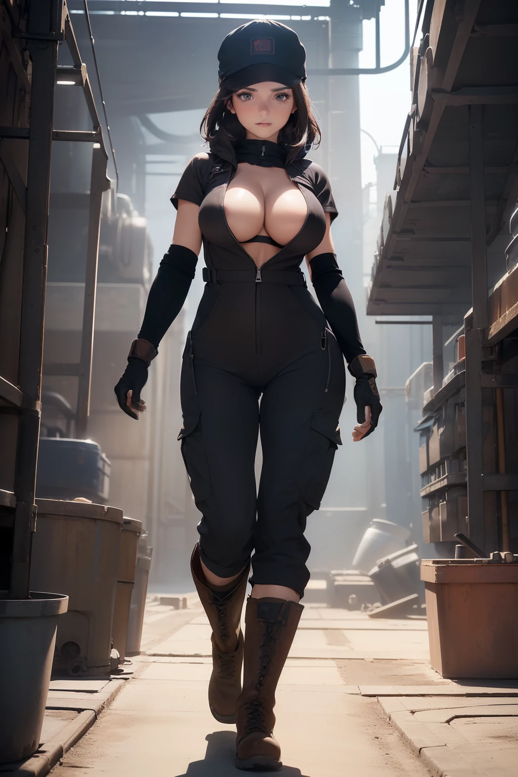 ((masterpiece, best quality, cinematic, photorealistic, ultra-detailed)), ((wide shot, front view, full body view:1.5)), ((perfect anatomy, perfect eyes, perfect hands, large cleavage, round legs, round ass)), ((female mechanic)), ((a classic royal blue coverall with a zipper front, multiple pockets, reinforced knees and elbows, and a detachable hood)), ((steel-toed work boots and mechanic gloves)), ((dark brown hair, short and tucked under a cap for a sleek look)), ((sensual pose)), ((dynamic background))