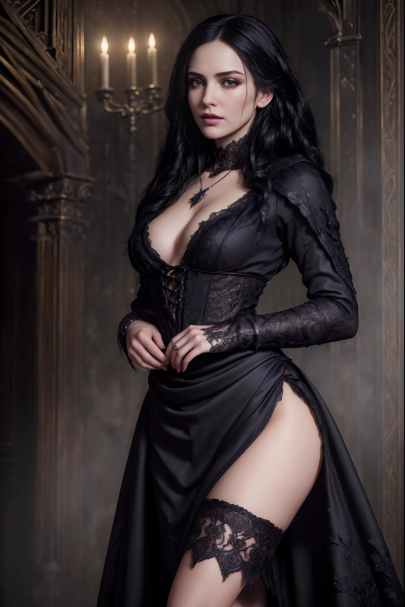 Masterpiece, Yennefer of Vengerberg, high detail plunging sexy gothic dress, intricately detailed background, (UHD, 8K wallpaper, High resolution), Cinematic lighting, award-winning, extremely detailed skin, extra detailed face, high detail eyes, photo-realistic, Zeiss 85 mm F/1.4, by Ellen von Unwerth