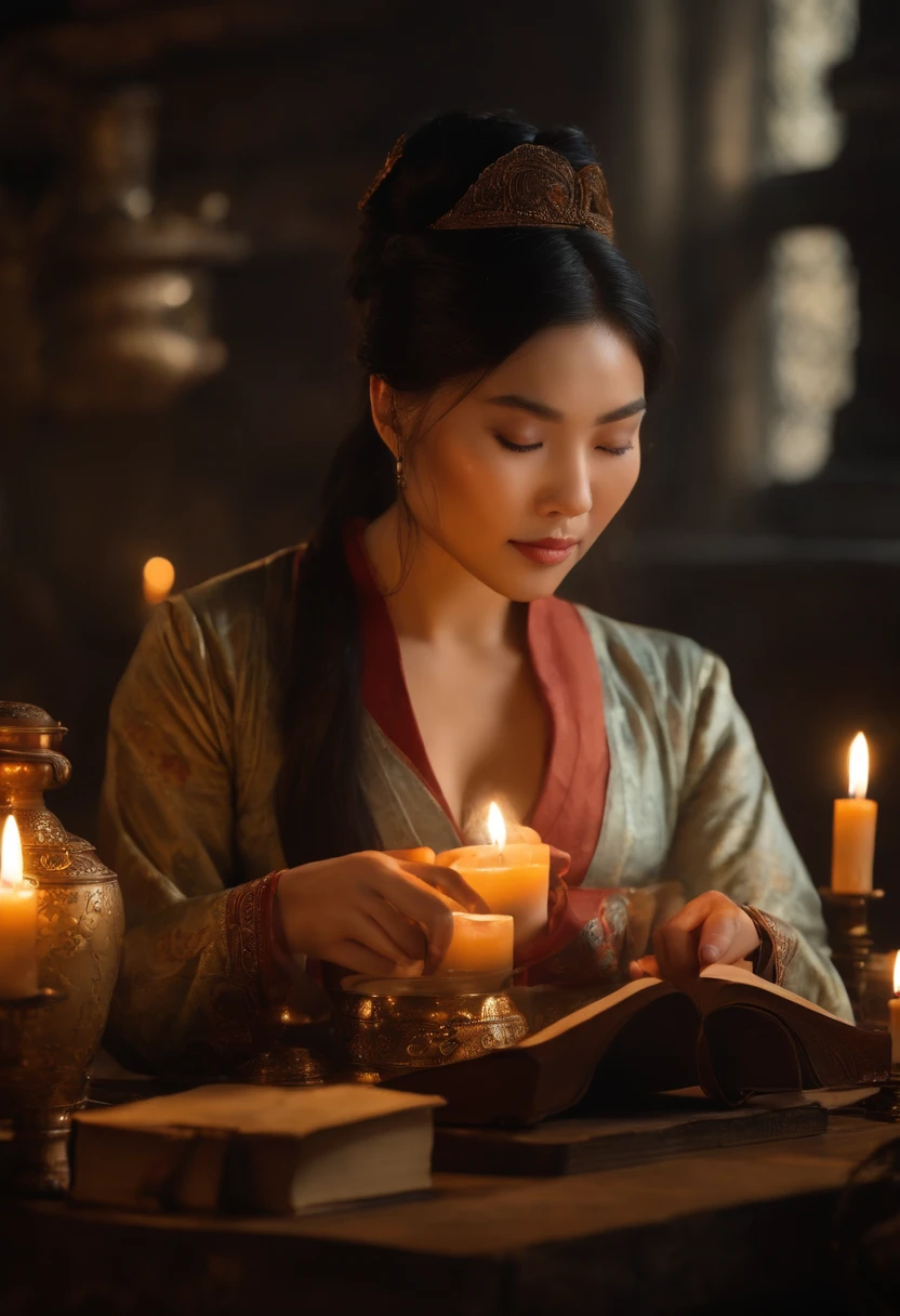 Da ist eine ((junge vietnamesische Frau)), Frau mit schwarzen hochgesteckten Haaren, (Ein Buch lesen), Lighting candles in a room, She's in the Potions Workshop, Standbild aus einem Fantasy-Film, Zauber auf einen Trank wirken, eine Zauberin, , Portrait of Mulan, Magierin, der einen Zauber wirkt??, Einen Flammenzauber wirken, Die Zauberin, die einen Feuerball wirft, matte painting portrait shot, Fantasy-Alchemisten-Labor, Magisches Labor-Setting, Young pretty Vietnamese woman in an alchemist's laboratory, die ((ein altes Buch liest)), ((mittelalterliche Kleidung))