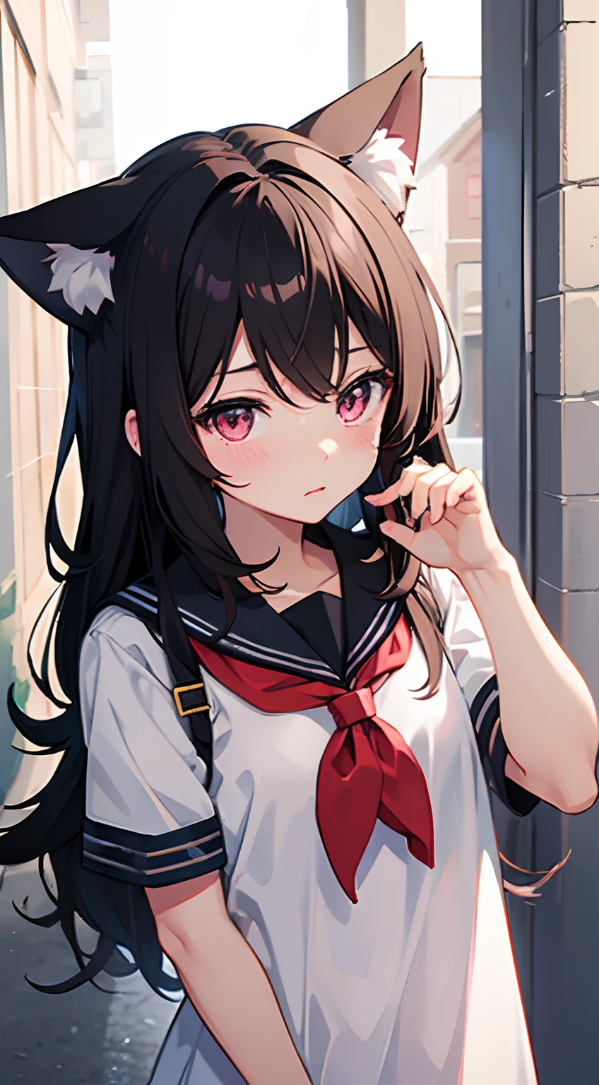 anime girl, nekomimi, black hair, shy, cute, pink eyes, captivating image, red school uniform