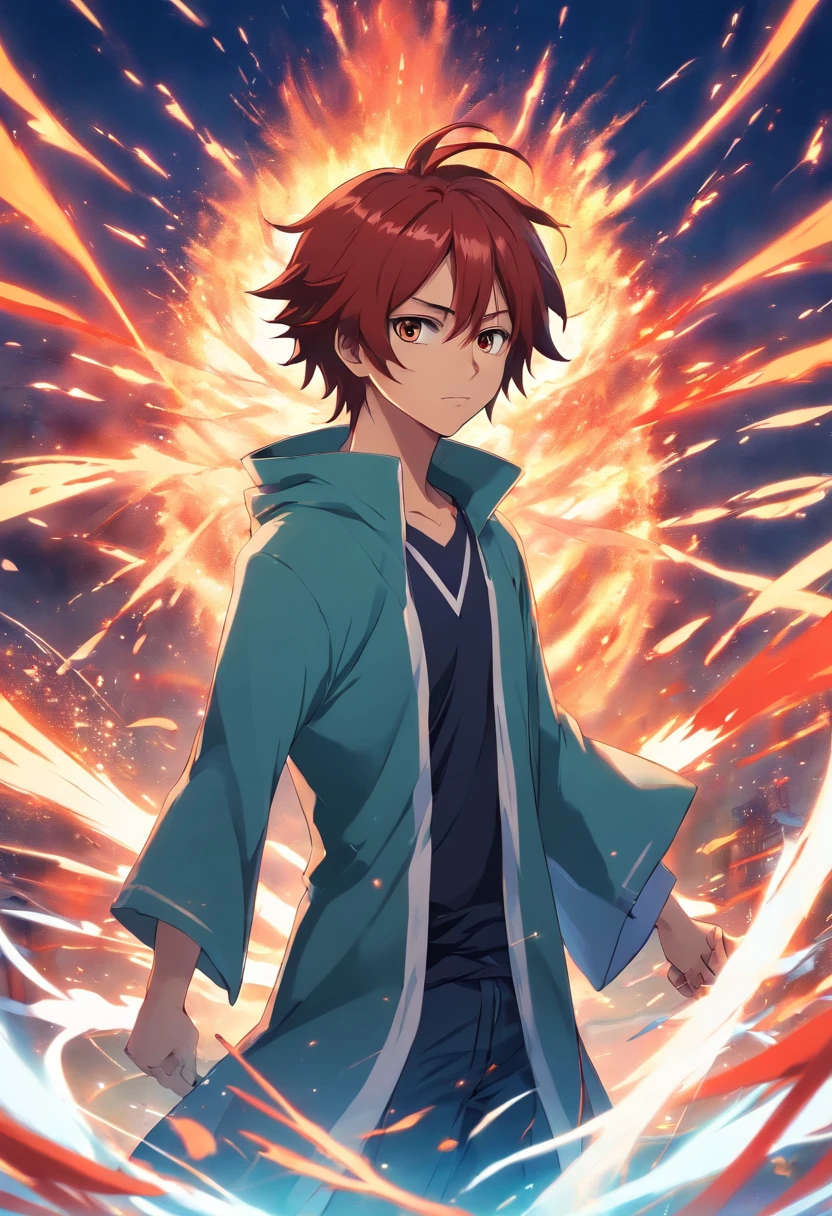 CREATE BLEACH MANGA STYLE IMAGE, YOUKAI HOMEM COM CABELO LONGO E VERMELHO, COM ORELHAS DE RAPOSA E UMA GRANDE CAUDA