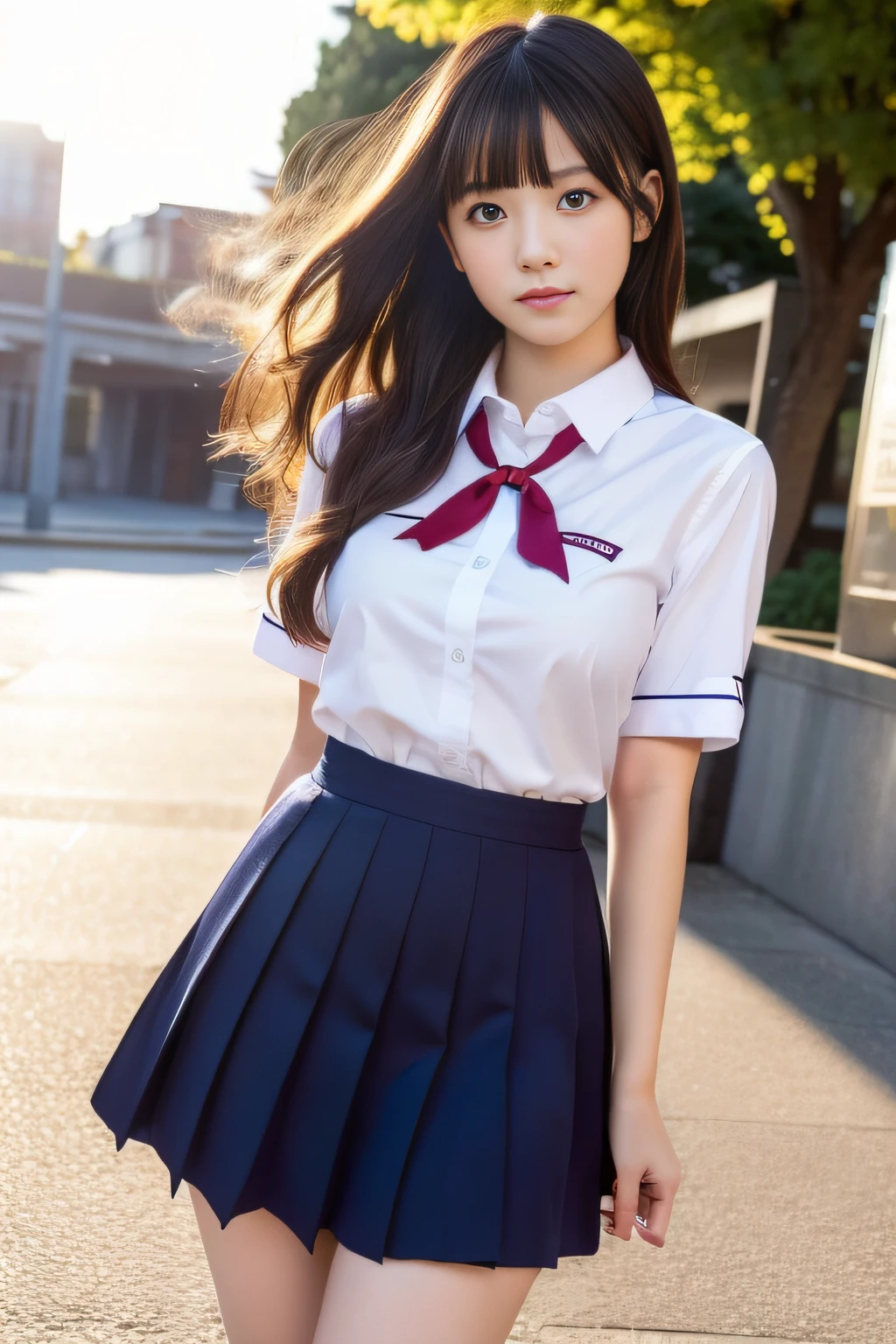 Neat and clean schoolgirl、Outside the field、(Slimed)、Photorealsitic、detaileds, Skin Texture, ultra-detailliert、Delicate and sexy collarbone、A smile、Super Detailed Face、Detailed lips、A detailed eye、tiny chest、Smaller chest、small tit、Small、flat breast、Chest emphasis、Bright face、((is standing、Schoolgirl Uniform、White panties are visible from the skirt、Sheer white shirt、Navy blue ribbon at the collar、Dark blue pleated micro mini、slightly lift the hem of the skirt with both hands,,))