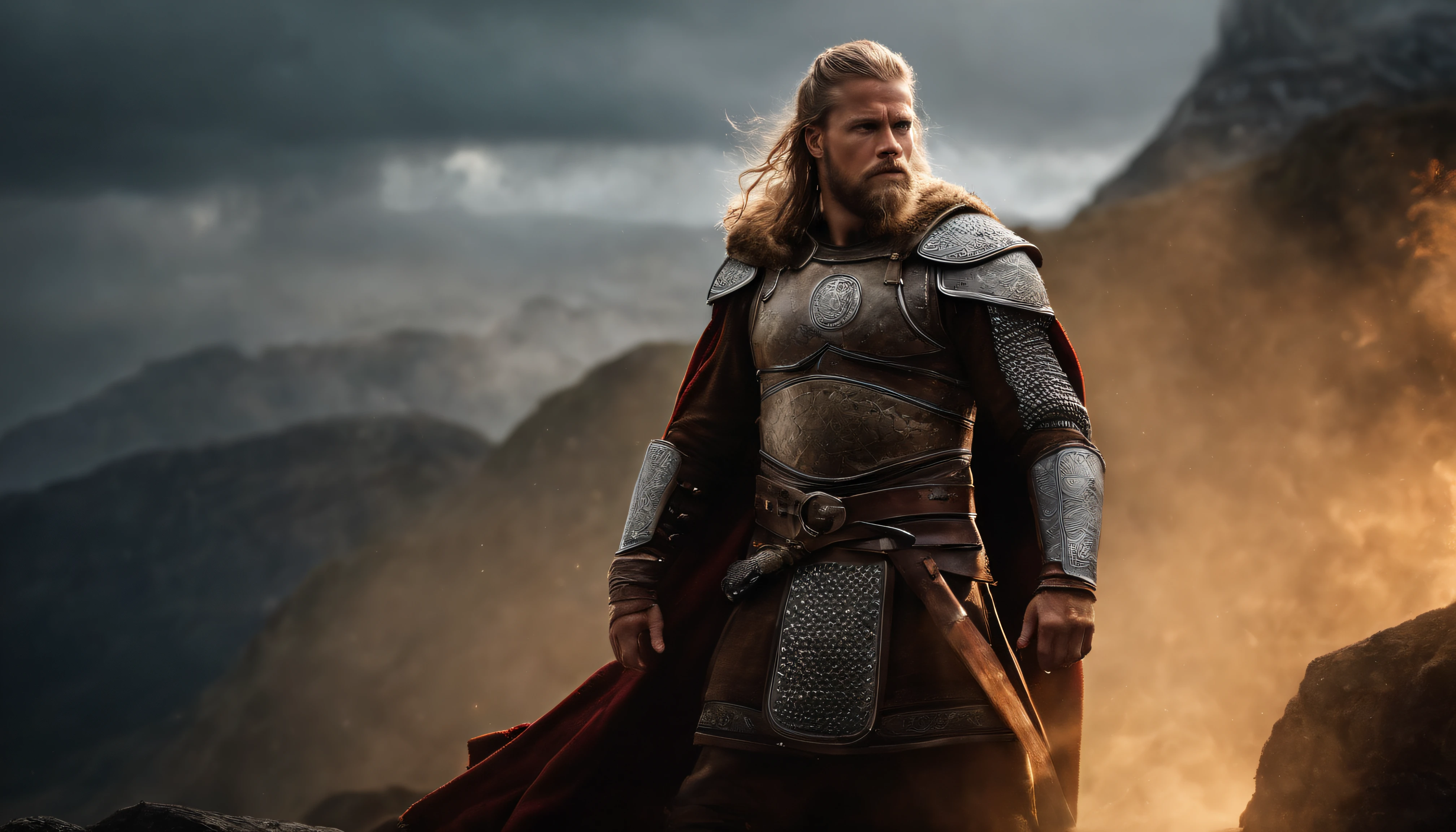 A fierce Viking warrior dressed in heavy Viking armor and wielding a formidable weapon, Showing your warrior spirit. Certifique-se de que o pano de fundo reflita a beleza acidentada de uma paisagem viking, olhos claros brilhantes, Biomechanicals, estranho, assustador, pesadelo, cores muito brilhantes, light particles, com luz brilhante, Mshiff, Arte do papel de parede, papel de parede uhd