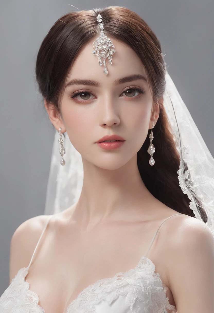 (Masterpiece), Best quality, Highest quality, Highly detailed CG unity 8k wallpaper, Original, high resolution, (Depth of field: 1.5), Fidelity: 1.3, Breasts, Bridal portrait style, 1 girl, Curtains, light yarn , Bridal veil, Wedding dress, Curtains, jewelry, Solo, Earrings, teeth, Bride, black_Hair