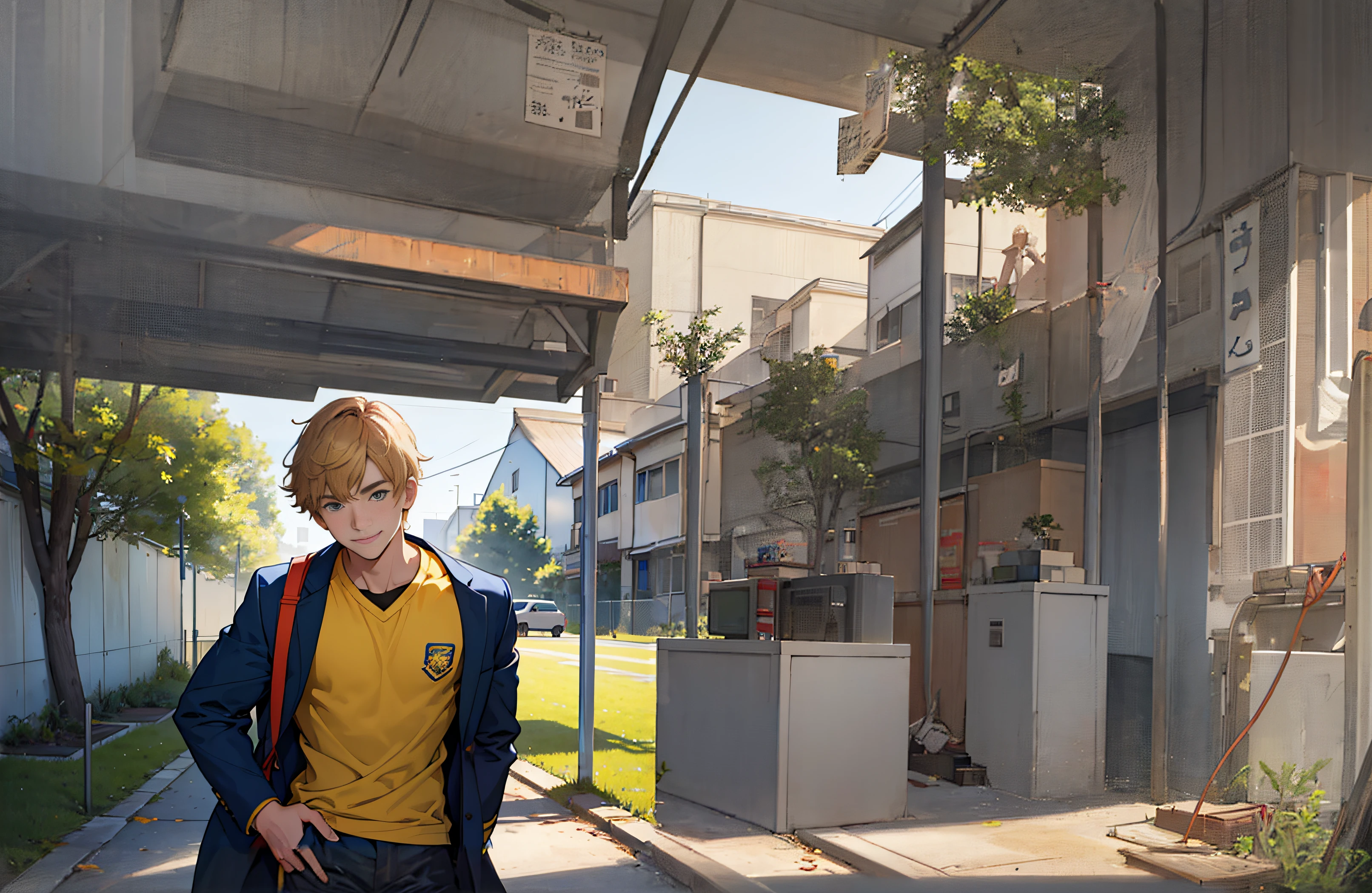 Boy in yellow shirt and blue jacket standing on sidewalk next to fence, Hermosa pose de anime, Joven hombre de anime, Anime CG arte suave, Orange - Chico de anime peludo, Estilo realista de anime 3D, Retrato de anime de un hombre guapo, Chico alto de anime con ojos azules, digital anime illustration, Personaje masculino de anime, high quality anime artstyle, realistic anime artstyle, Chico anime