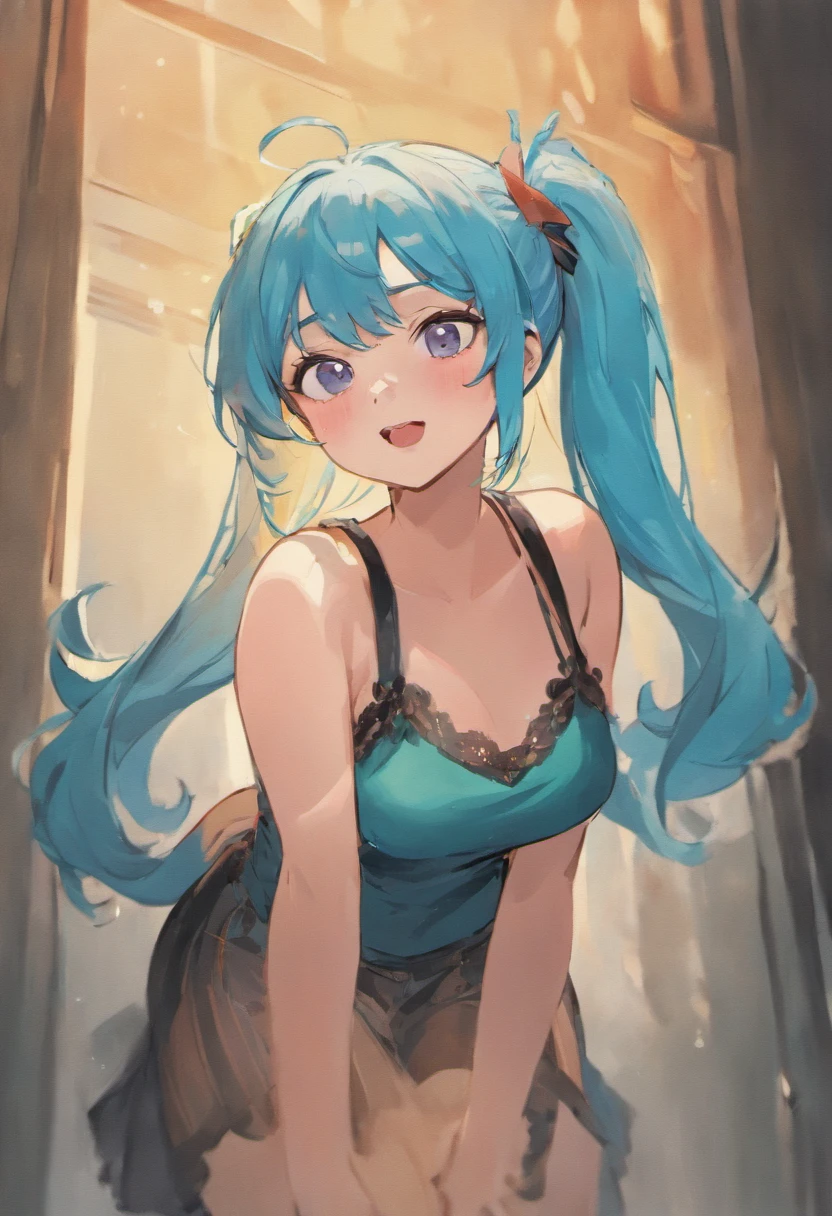 A portrait of an anime style woman who is a bbw, wearing a trendy tank top slip dress, has long blue hair in a messy high ponytail and sideswept bangs, cat eye black rim nerd glasses, vintage inspired black winged eyeliner, and is eating a lollipop looking happy and calm