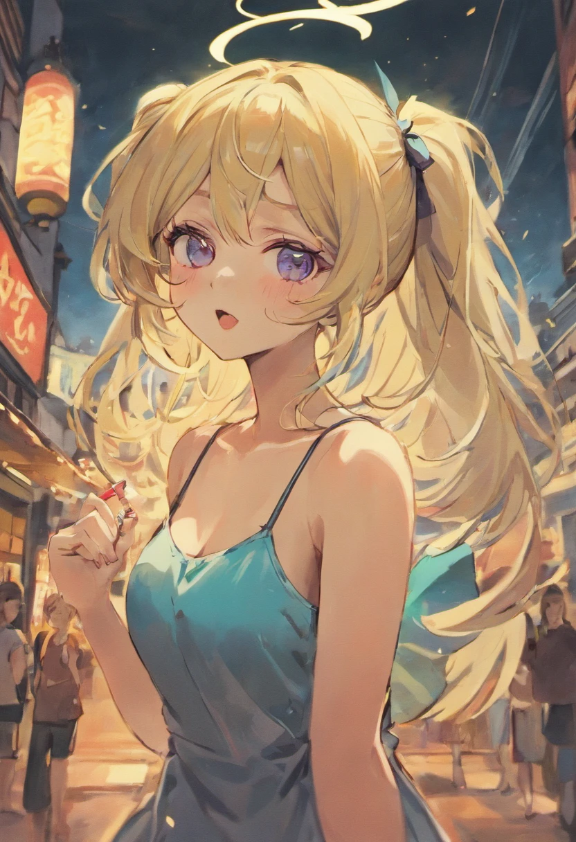 A portrait of an anime style woman who is a bbw, wearing a trendy tank top slip dress, has long blue hair in a messy high ponytail and sideswept bangs, cat eye black rim nerd glasses, vintage inspired black winged eyeliner, and is eating a lollipop looking happy and calm