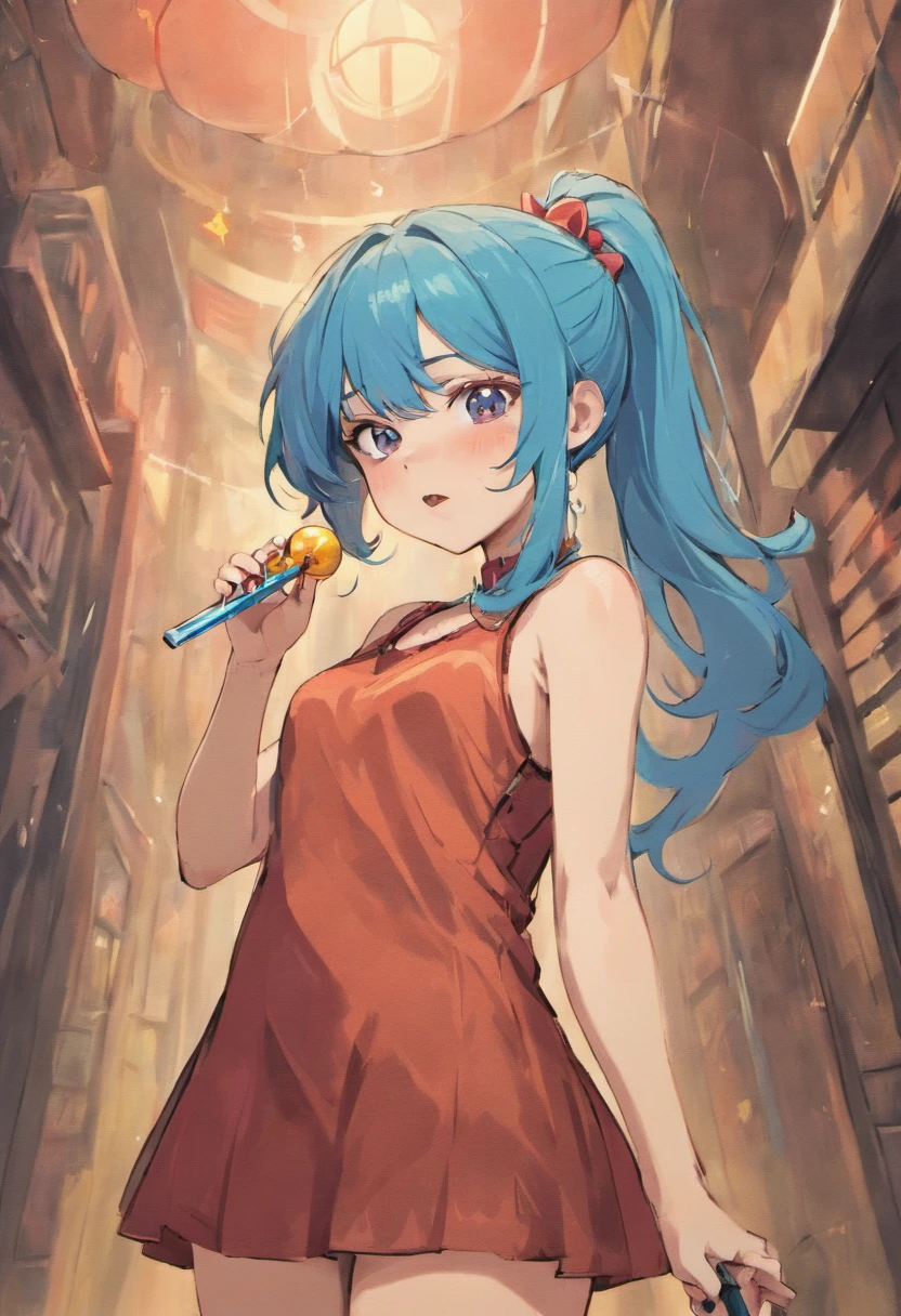 A portrait of an anime style woman who is a bbw, wearing a trendy tank top slip dress, has long blue hair in a messy high ponytail and sideswept bangs, cat eye black rim nerd glasses, vintage inspired black winged eyeliner, and is eating a lollipop looking happy and calm