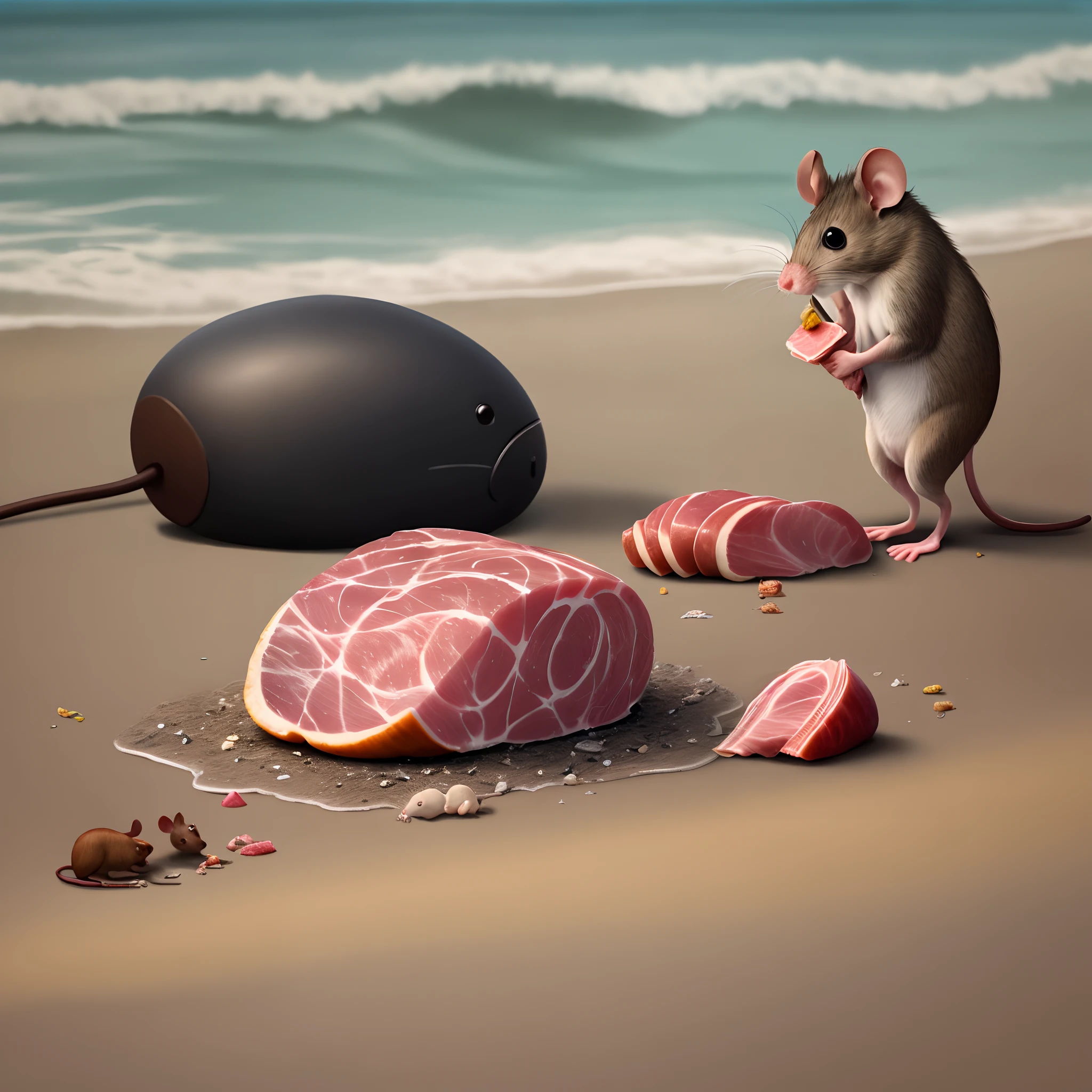 A mouse eating ham on a polluted beach