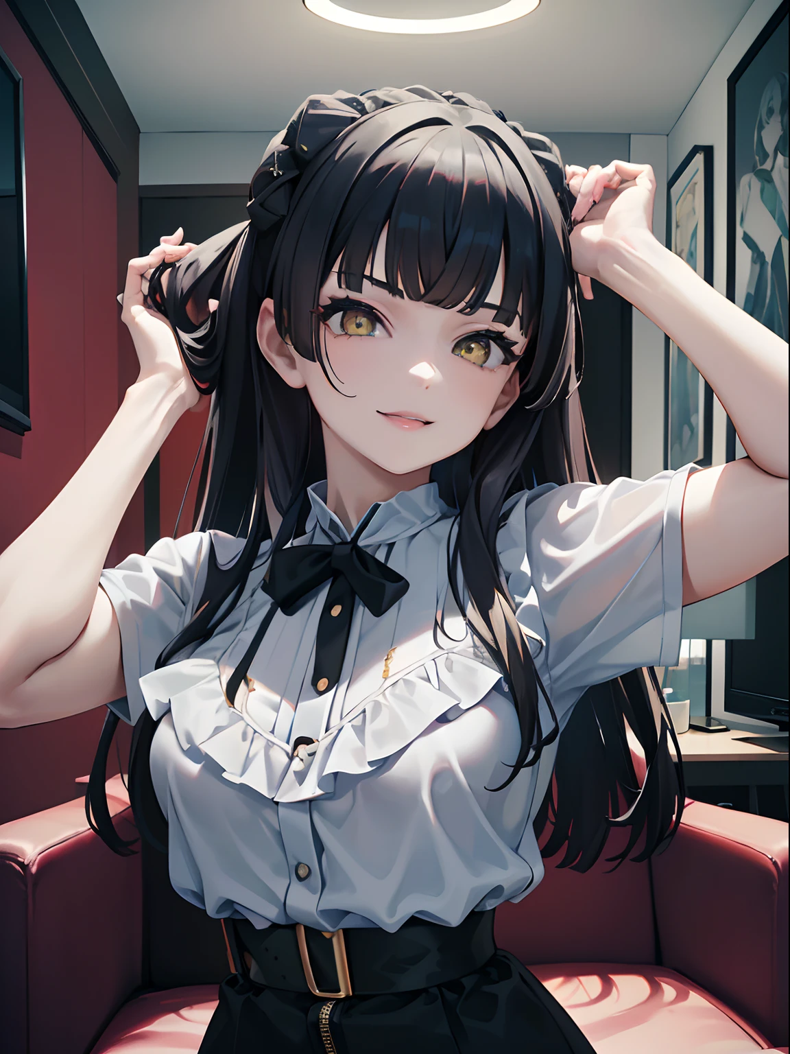 masterpiece, best quality, NSFW, 1girl, black hair, ,yellow eyes, white collared shirt, living room, smiling, arms up, detailed eyes, detailed facial features, realistic and high resolution (best quality, 4k, 8k, highres, masterpiece:1.2).