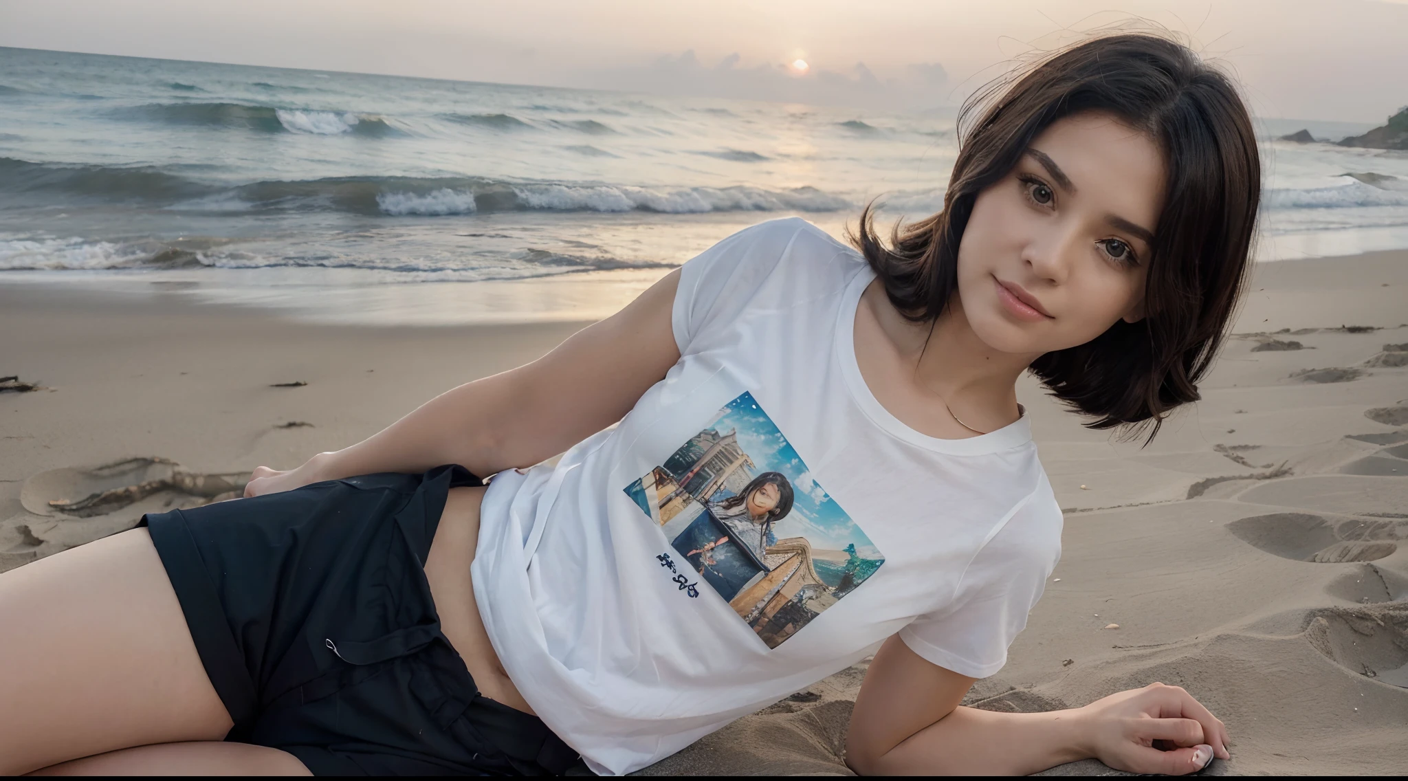 (8k, RAW Photo, Best Quality, Masterpiece:1.3),(Real,Photo:1.37),(Looking at Viewers:1.331),(Black Hair),Pose,Beachfront,Morning View,Sunrise,Clear Sky,1Girl,Very Beautiful Face,Small,Put Your Hands Down,Pony Hairstyle,Weight Hair,Fluffy Hair,Shoulder Length,Straight Hair,Random Expression,Smile at the Corner of Mouth,Big Eyes,(T-shirt,Round Collar,Short Sleeves,Opaque Color,Shirt Color),(Wearing Pants),mix4,No Hair Accessories,Best Quality Hair