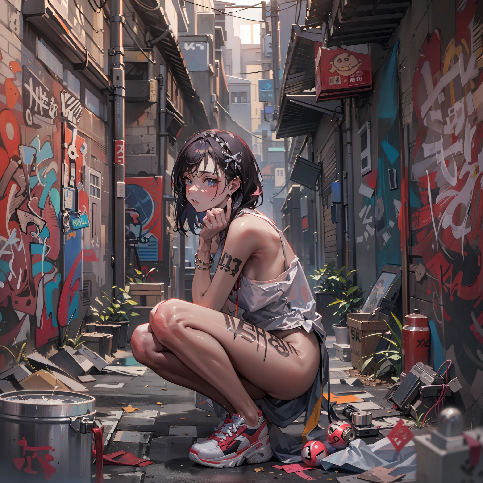 One Girl In A Back Alley、(Super Detail)、(8K)、((Hip Hop Fashion))、(Chewed tobacco)、(graffiti wall)、(full body Esbian)、(hyperdetailed face)、(Cool Face)、(crouching down) (naked;1.3) milf