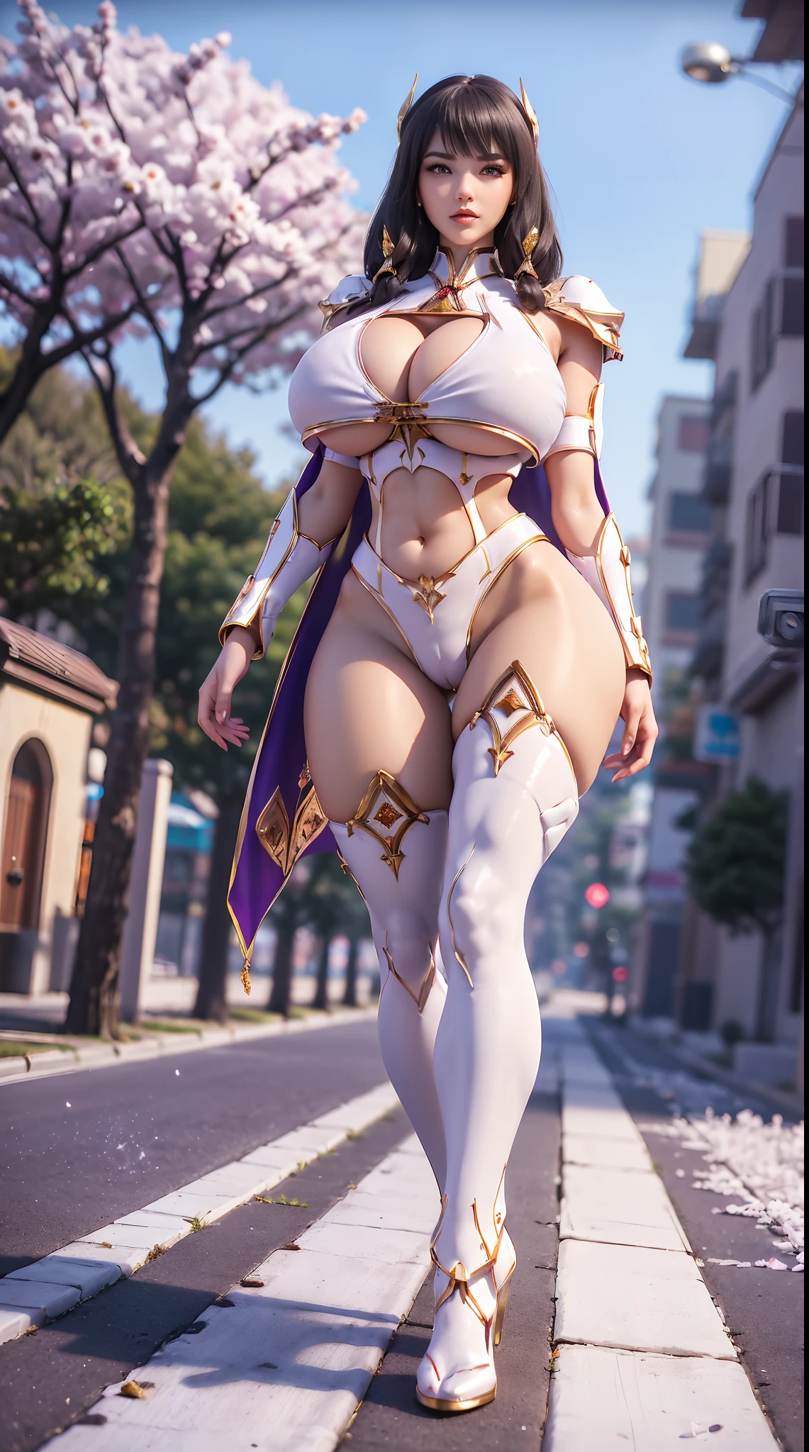 1GIRL, SOLO, (ssmile, makeup, beautifull eyes, red libs, gold dragon helm), (BIG BUTTOCKS, HUGE BOOBS:1.5), (MECHA GUARD ARM, GLOVES), (white, purple, GIRL IN MECHA CYBER ARMOR CROP TOP, ROYAL CAPE, CLEAVAGE, SKINTIGHT HOTPANTS, HIGH HEELS:1.4), (MUSCULAR BODY, SEXY LONG LEGS, FULL BODY:1.5), (MUSCLE ABS:1.2), (LOOKING AT VIEWER:1), (WALKING DOWN ON STREET CHERRY TREES IN THE MORNING:1.3), PHYSICALLY-BASED RENDERING, ULTRA HIGHT DEFINITION, 8K, 1080P.