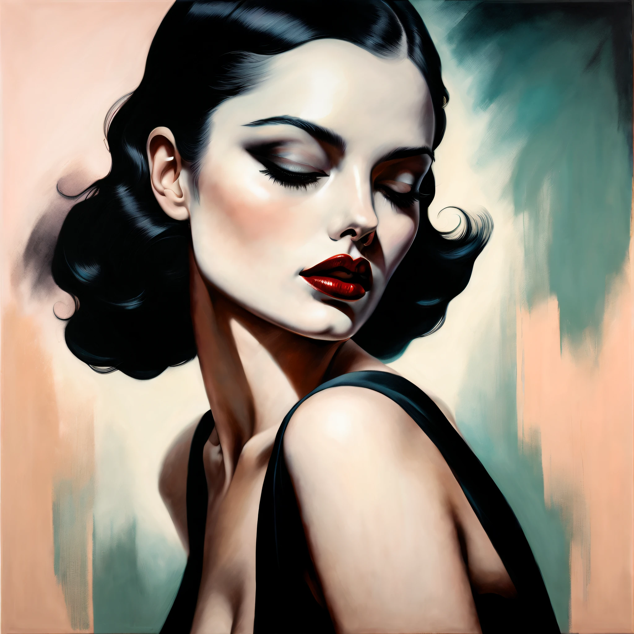 chiaroscuro technique on sensual illustration of an elegant woman, vintage beauty, eerie, very matte painting, by Hannah Dale, by Harumi Hironaka, extremely soft colors, vibrant, highly detailed, malcolm liepke painting, oil on canvas, high contrast, dramatic, refined, tonal, Create high contrast between light and shadow