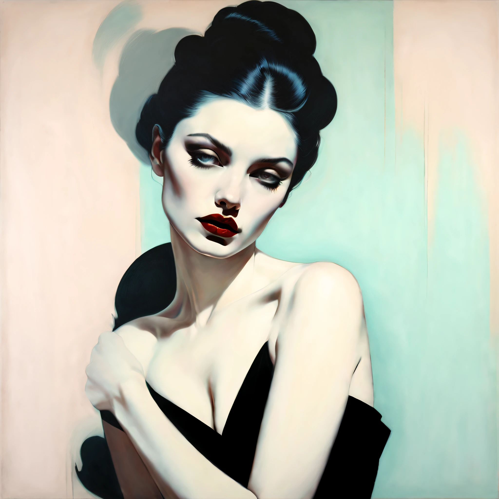 chiaroscuro technique on sensual illustration of an elegant woman, vintage beauty, eerie, very matte painting, by Hannah Dale, by Harumi Hironaka, extremely soft colors, vibrant, highly detailed, malcolm liepke painting, oil on canvas, high contrast, dramatic, refined, tonal, Create high contrast between light and shadow
