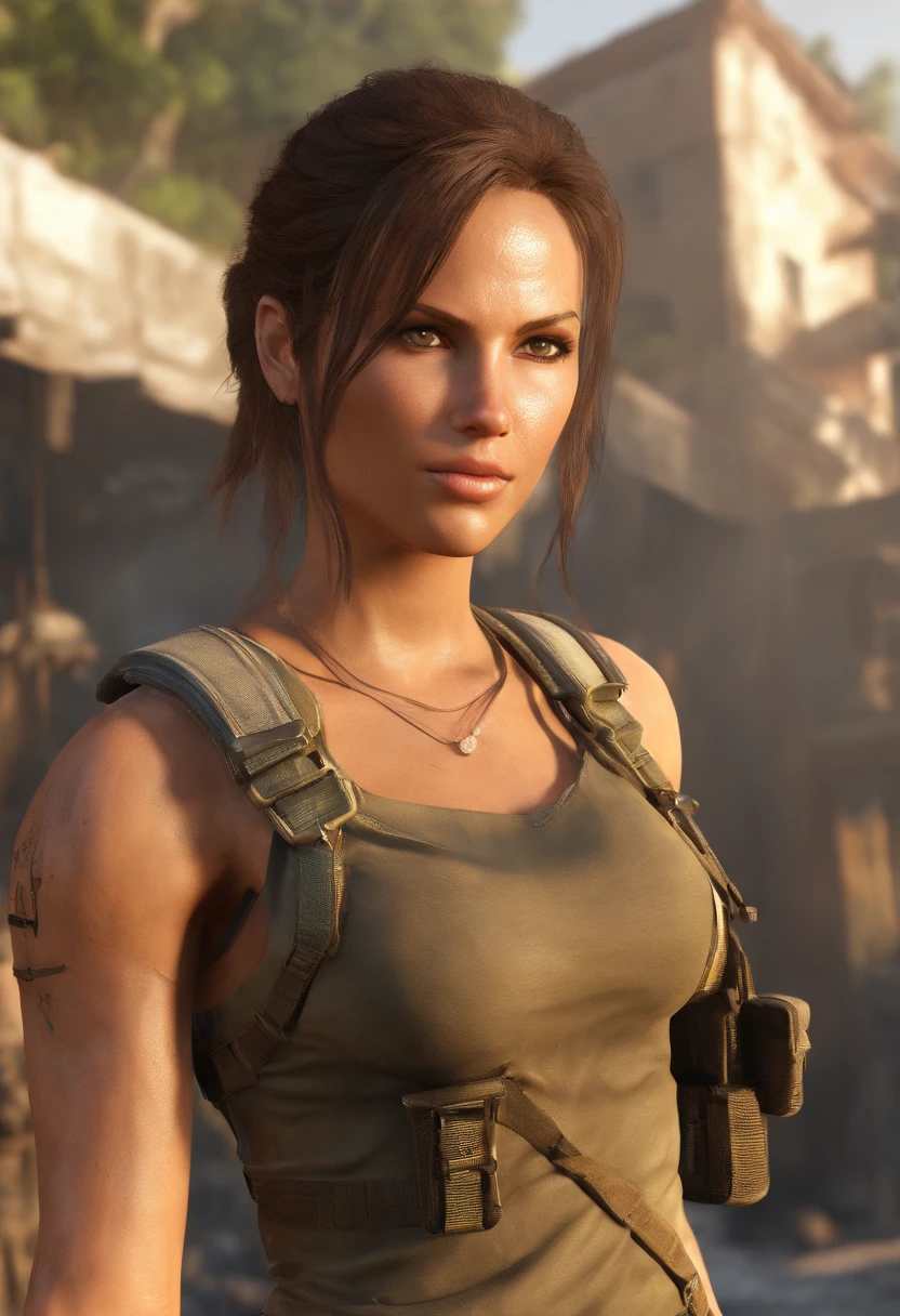 ((NSFW)) close-up of a woman, reminiscent of Lara Croft from Shadow of the Tomb Raider, sexy body revealed in wet clothes with ((no top, breasts subtly visible)), backpack at her side. Lara Croft's portrait in Unreal Engine 5, beautiful character design, small yet powerful figure, tomb raider setting. Unreal Engine 5 tech demo showcasing female lead character's hyper-realistic graphics, Sadie Sink's likeness as Lara Croft, cinematic visuals that bring the tomb raiding experience to life. Detailed and lifelike, this portrait encapsulates the essence of Lara Croft's strength and allure.