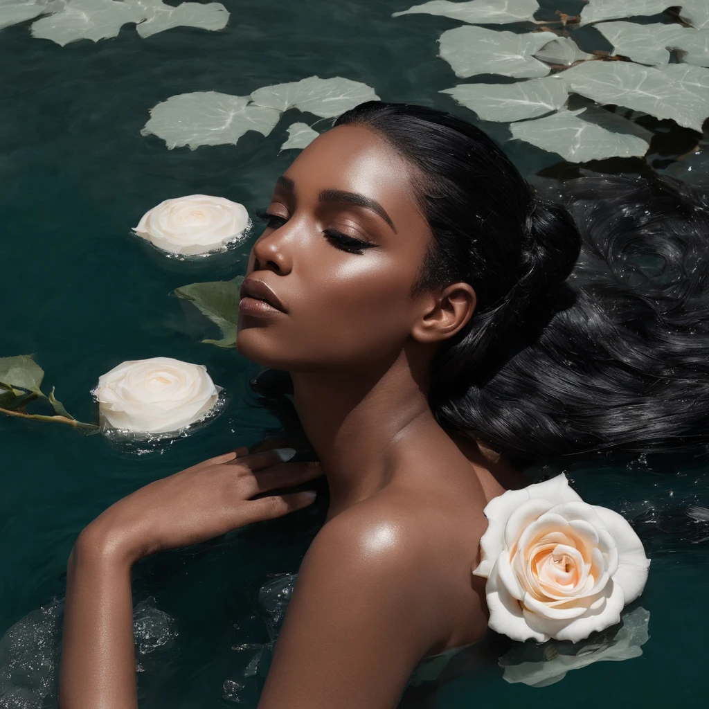 Black Girl laying in glistening water with sheer chiffon draped on her shoulder and white dessert roses on her black hair