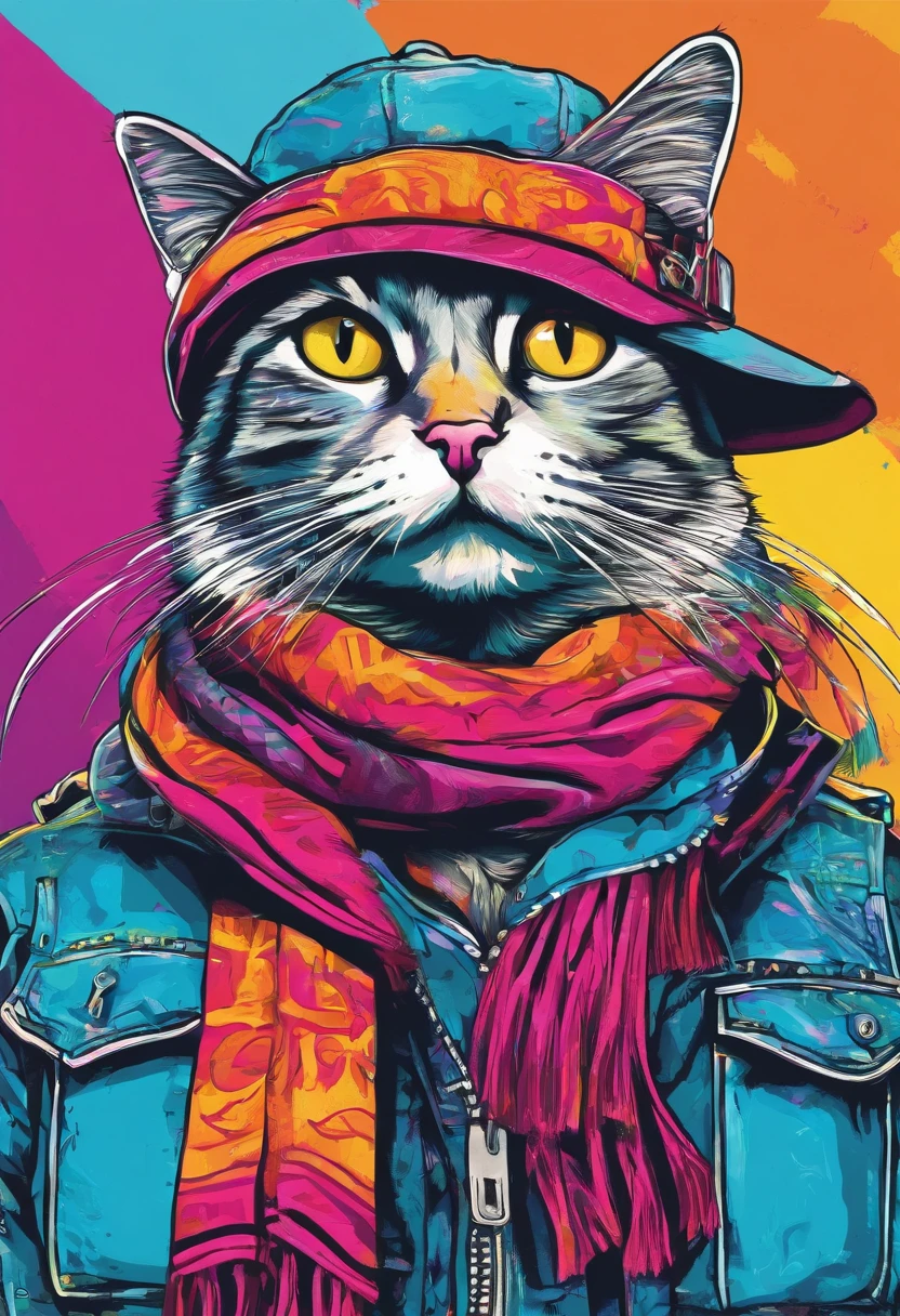 a painting of a cat wearing a hat and scarf, trending in the art station, dressed in punk clothes, detailed hyper realistic rendering, british gang member, street style, intimidating pose, planet of the cats, clothes with fashion, urban samurai, meow, west slavic features, 8 1 5, animations